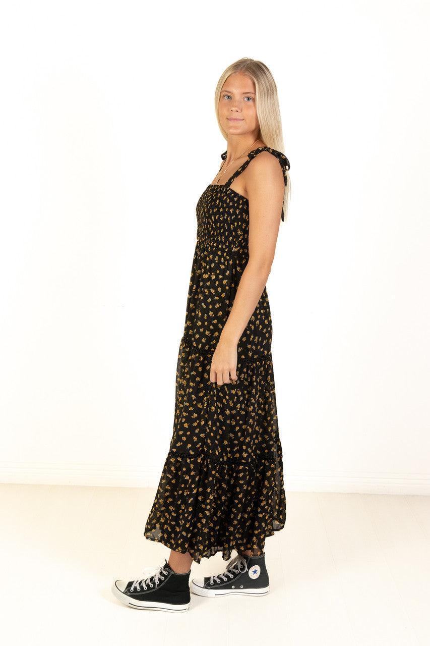 Black & Gold Floral Lace Trim Tiered Maxi Dress Product Image