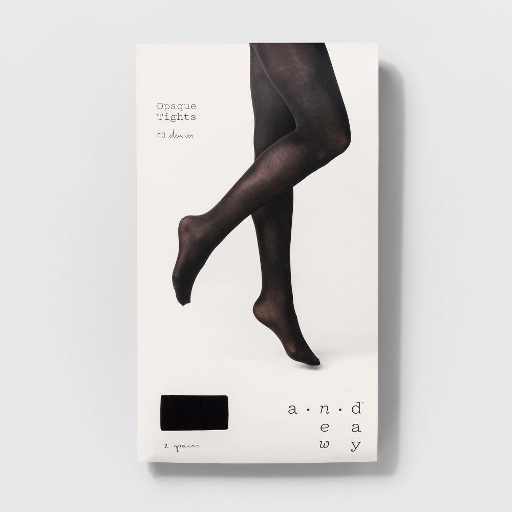 Women's 2pk 50D Opaque Tights - A New Day™ Black L/XL: High Waisted, Nylon-Spandex Blend, Tagless, Closed Toe, Hand Wash Product Image
