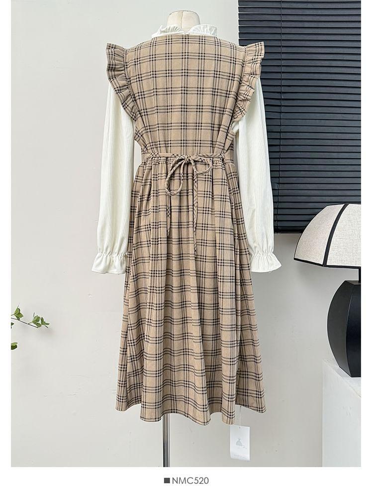 Plaid Ruffle-Trim Midi Shirtdress / Ruffled Loose Blouse Product Image