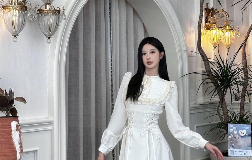 Long-Sleeve Stand Collar Plain Lace Trim Pintuck Lace-Up Midi A-Line Dress Product Image