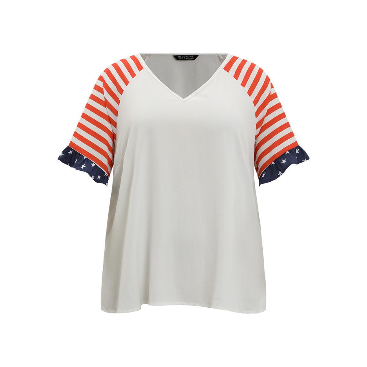 Plus Size White Star & Striped Print Raglan Sleeve Ruffle Trim Blouse Women Elegant Half Sleeve V-neck Dailywear Blouses BloomChic 10/M Product Image