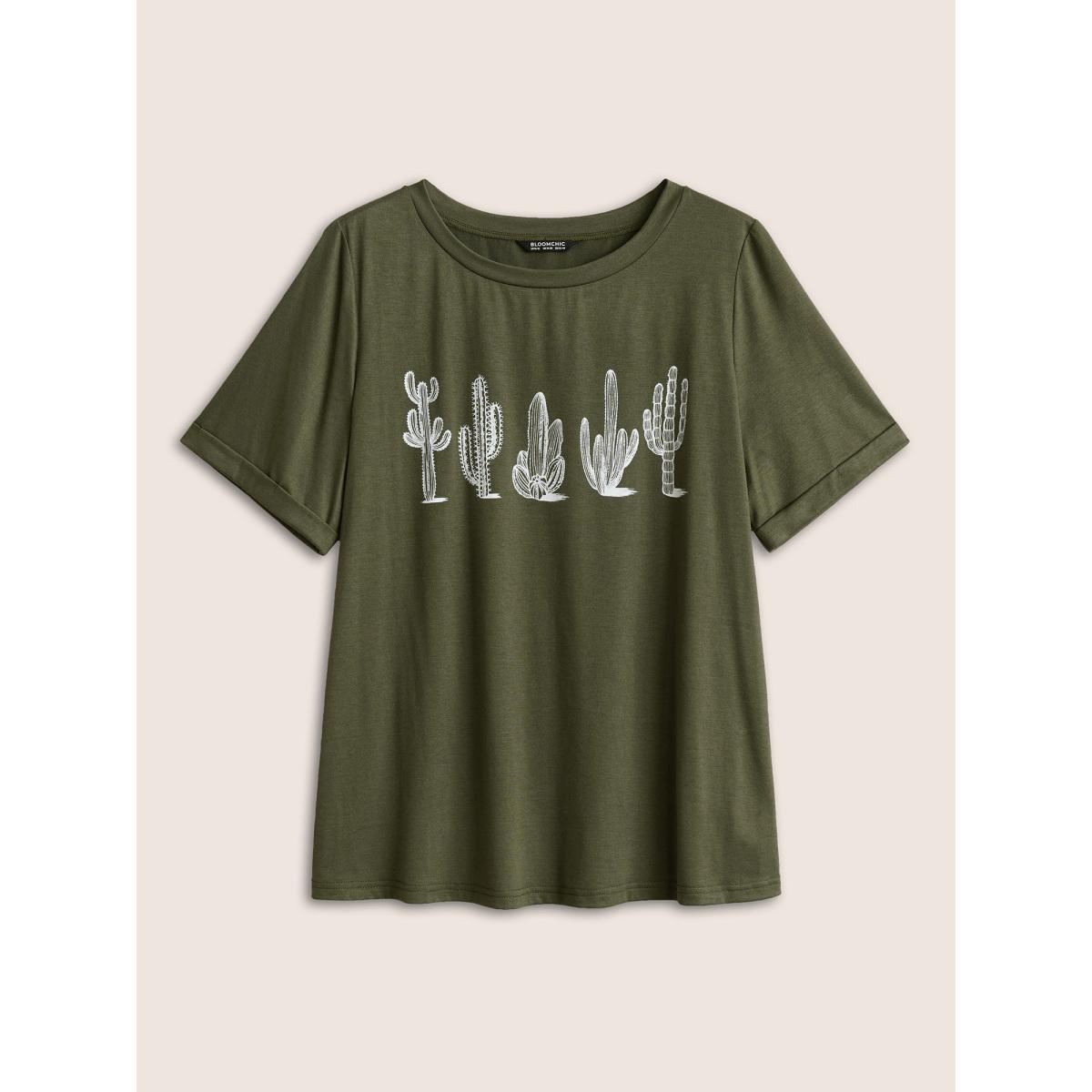 Plus Size Cactus Print Crew Neck T-shirt ArmyGreen Women Casual Non Natural Flowers Everyday T-shirts BloomChic 10/M Product Image