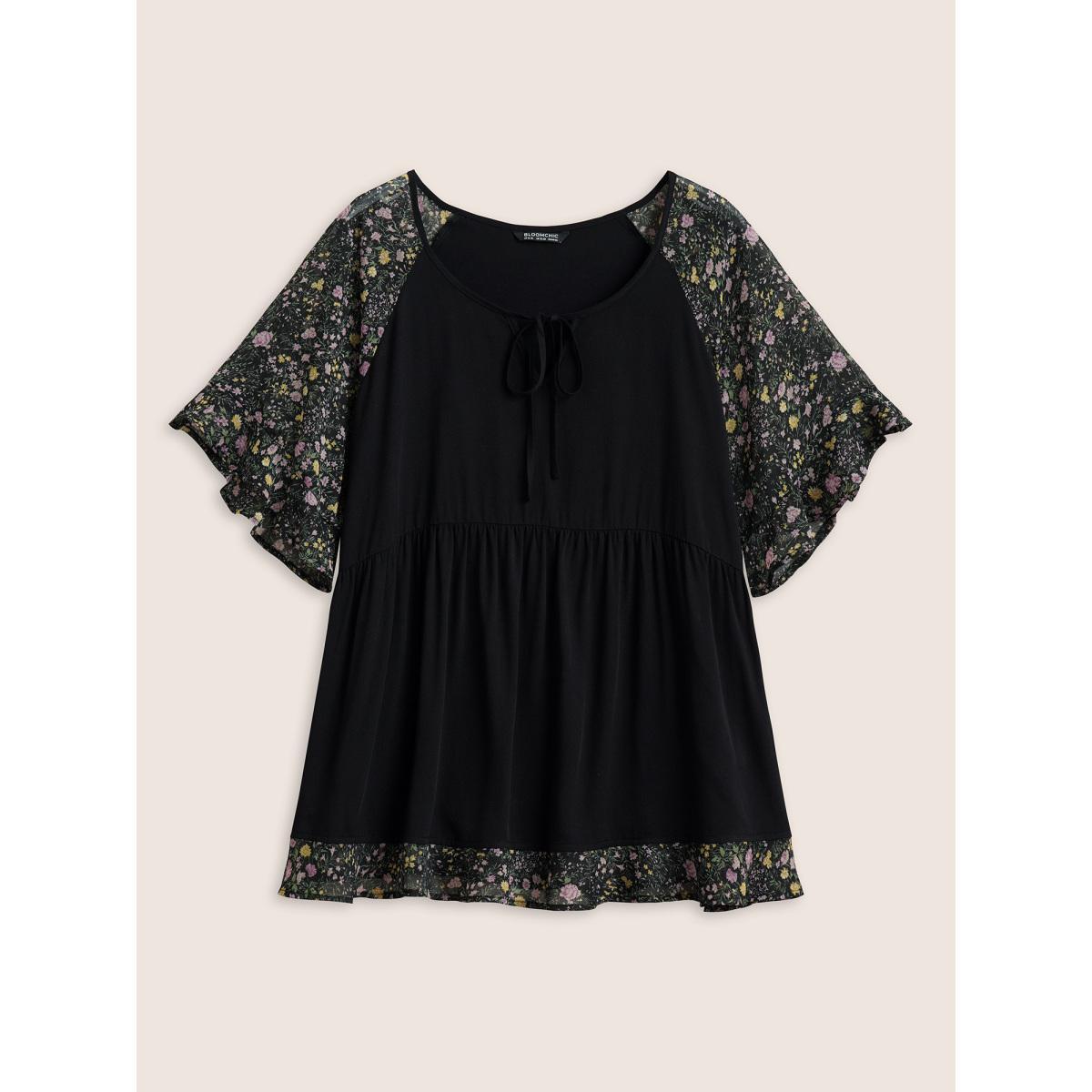 Plus Size Black Ditsy Floral Patchwork Ties Flutter Sleeve Blouse Women Elegant Short sleeve V-neck Everyday Blouses BloomChic 22-24/3X Product Image