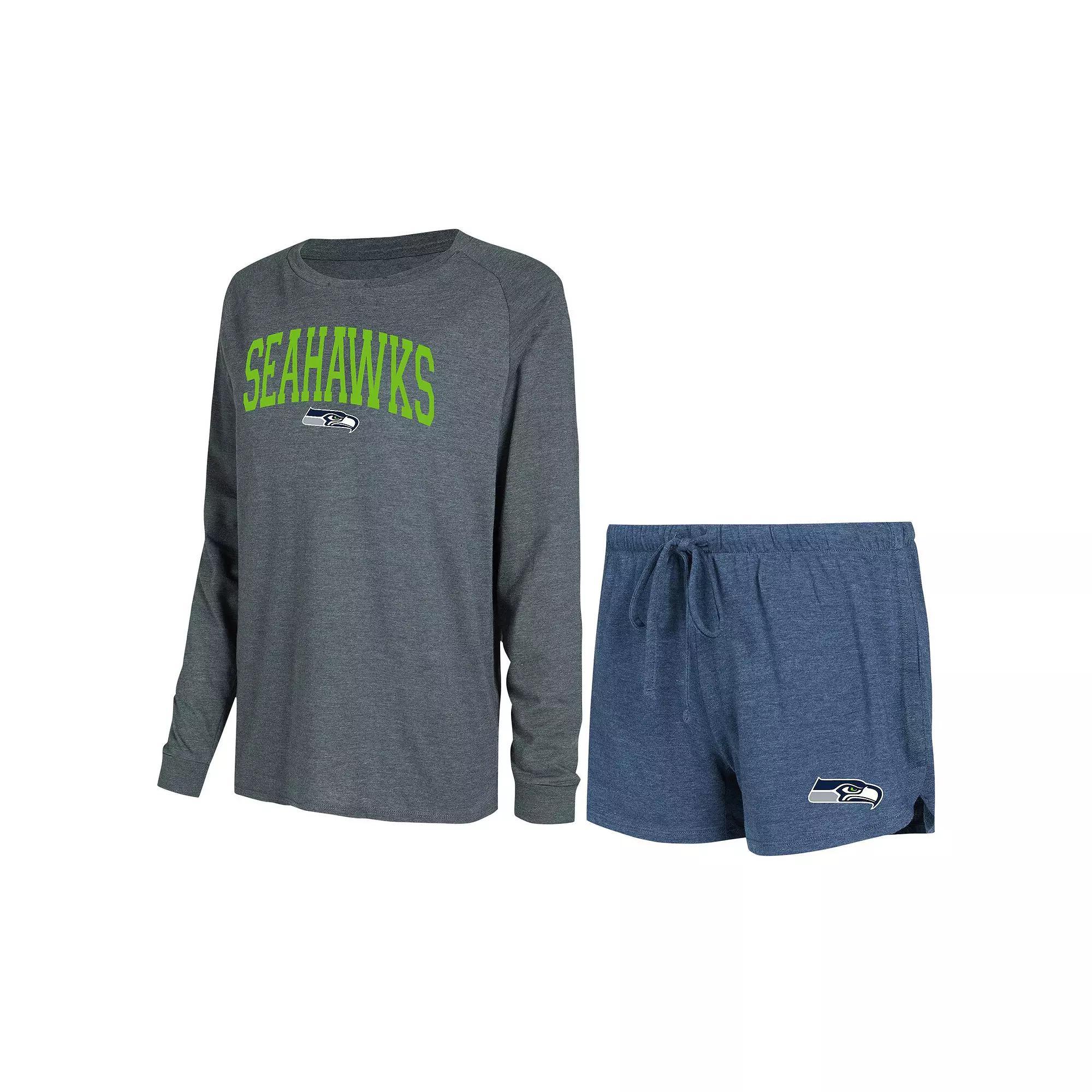 Women's Concepts Sport College Navy/Charcoal Seattle Seahawks Raglan Long Sleeve T-Shirt & Shorts Lounge Set, Size: XL, Blue Product Image
