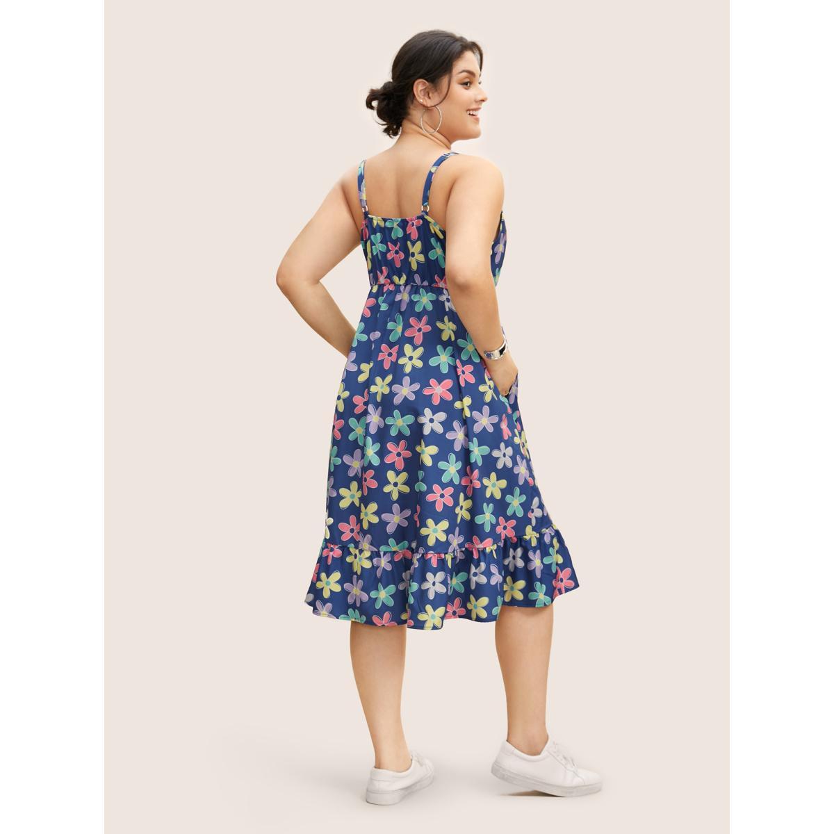 Plus Size V Neck Floral Twist Front Button Detail Dress Mediumblue Women Casual Twist V-neck Sleeveless Curvy BloomChic 18-20/2X Product Image