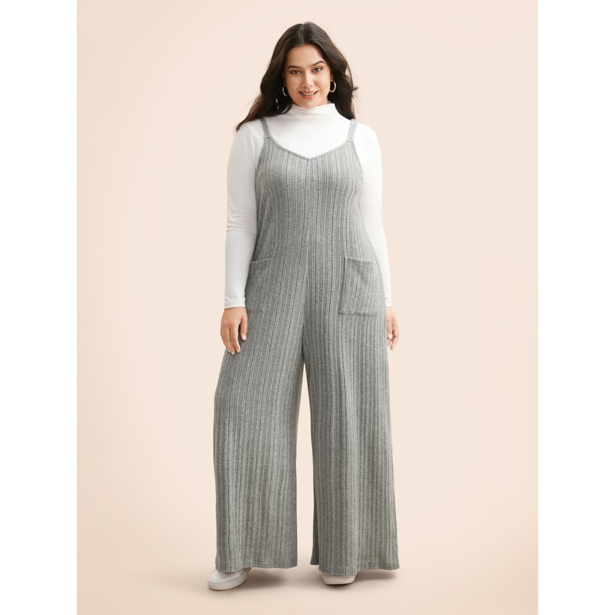 Plus Size LightGray Airy Cozy Cami Wide-Leg Jumpsuit Women Casual Sleeveless V-neck Everyday Loose Jumpsuits BloomChic 14-16/1X Product Image