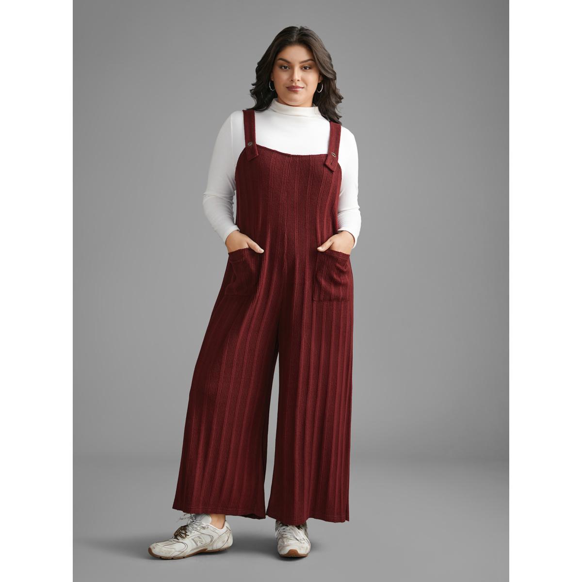 Plus Size Burgundy Textured Pockets Straight Leg Overall Women Casual Sleeveless Non Everyday Loose Jumpsuits BloomChic 28/5X Product Image