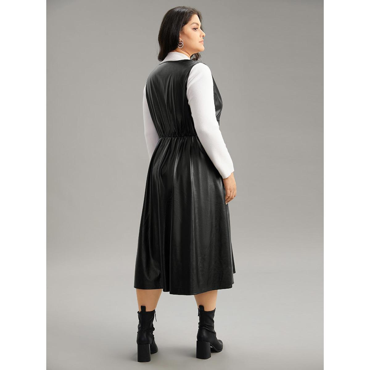 Plus Size PU Leather Sleeveless Button Detail Dress Black Women Office Plain V-neck Sleeveless Curvy Midi Dress BloomChic 18-20/2X Product Image