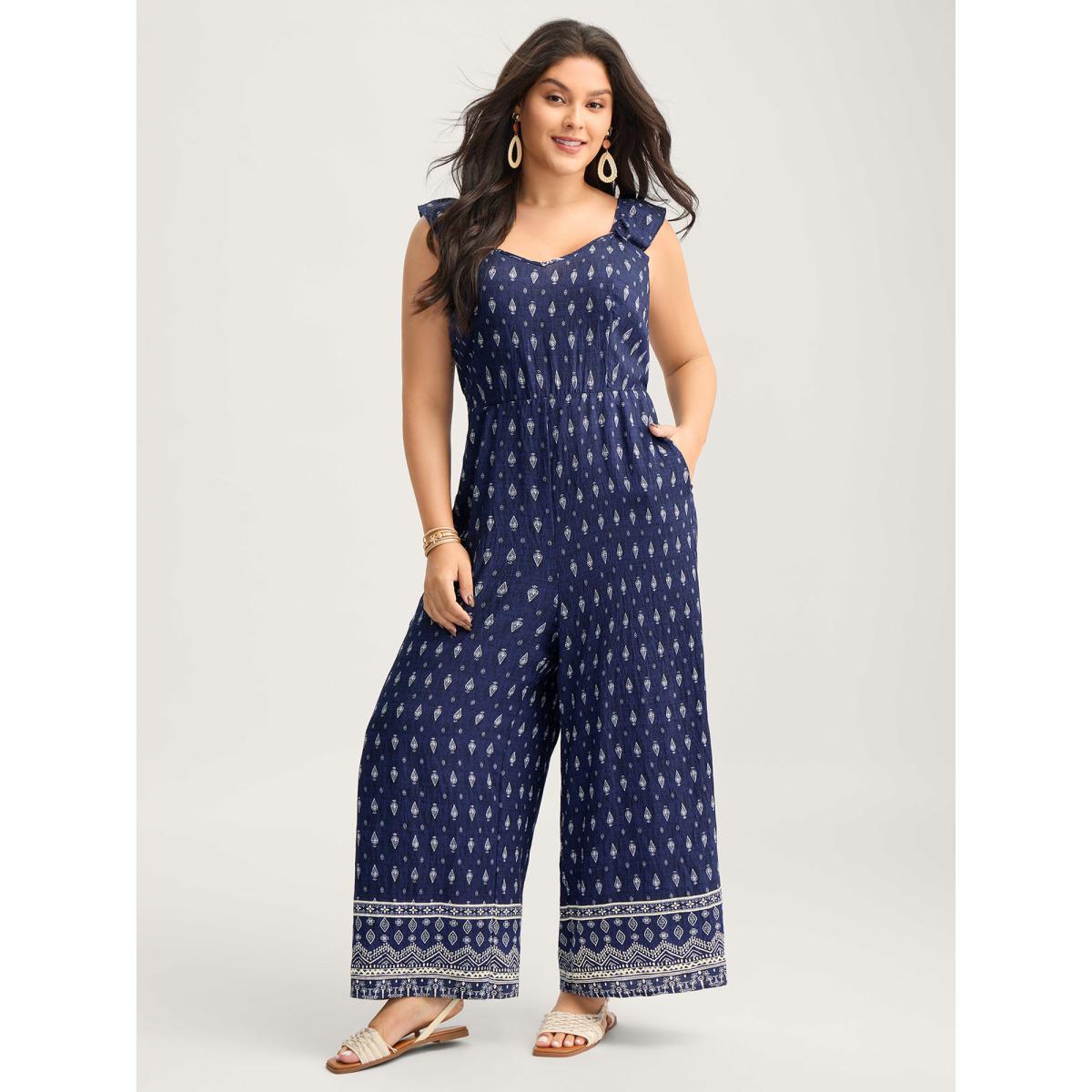 Plus Size Indigo Rayon Boho Print Stretchy Waist Jumpsuit Women Sleeveless Non Vacation Loose Jumpsuits BloomChic 18-20/2X Product Image