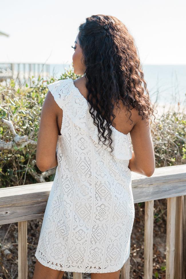 Where Memories Are Made White Crochet One Shoulder Dress SALE Product Image