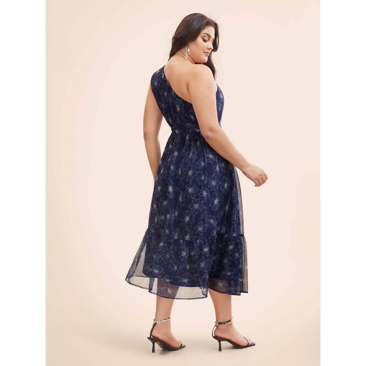 Plus Size Floral Asymmetrical Neck Mesh Belted Dress DarkBlue Women Cocktail See through Party Curvy Bloomchic 10/M Product Image