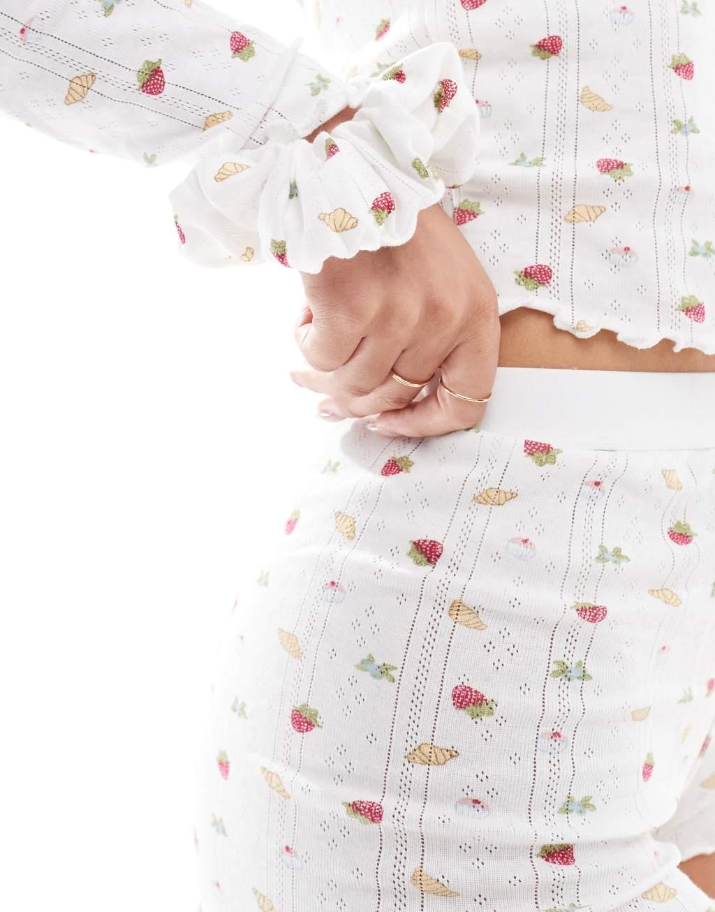 ASOS DESIGN pointelle long sleeve top & short pajama set with scrunchie in breakfast ditsy print Product Image