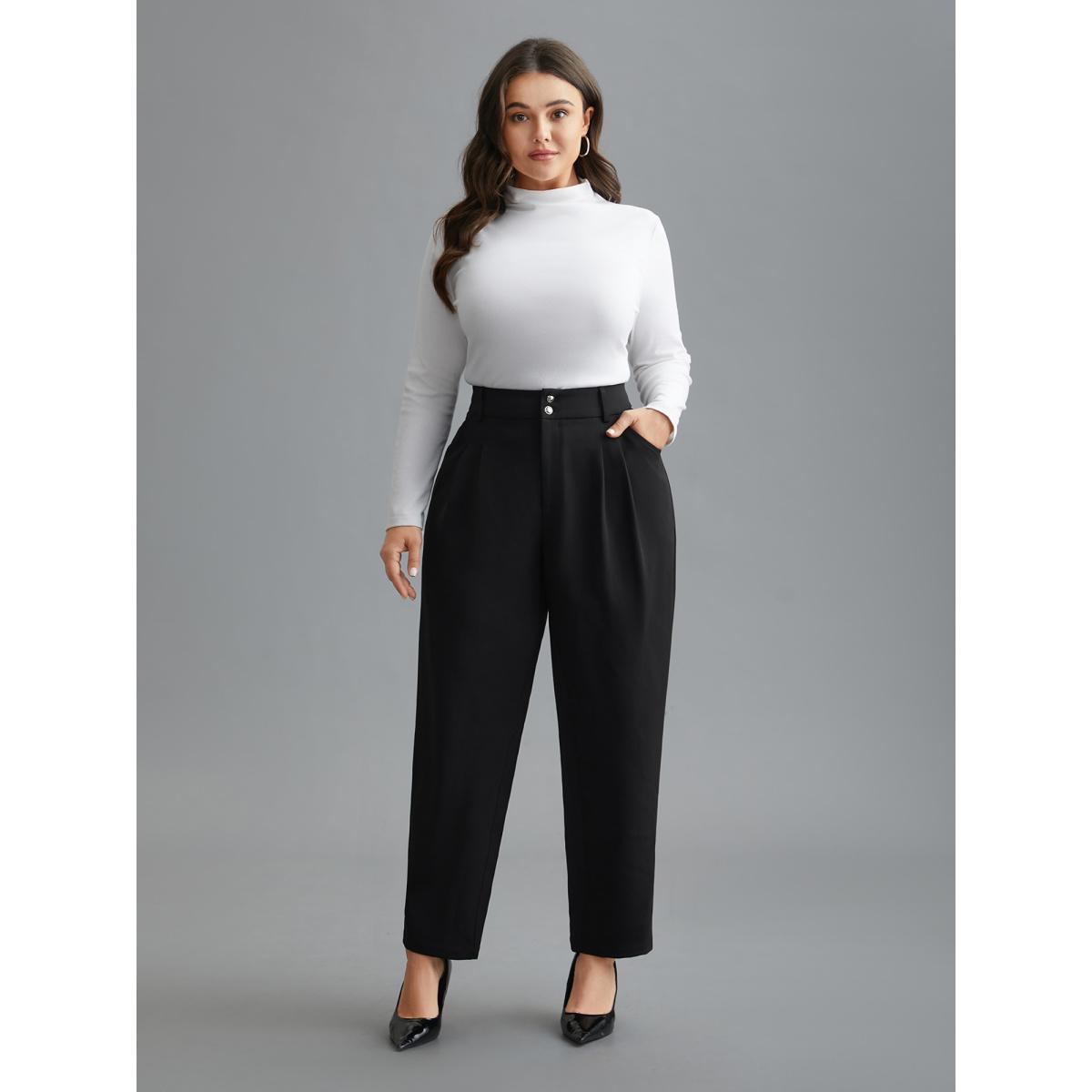Plus Size Double Buckle Straight Leg Pants Women Black At the Office Straight Leg Mid Rise Work Pants BloomChic 14-16/1X Product Image