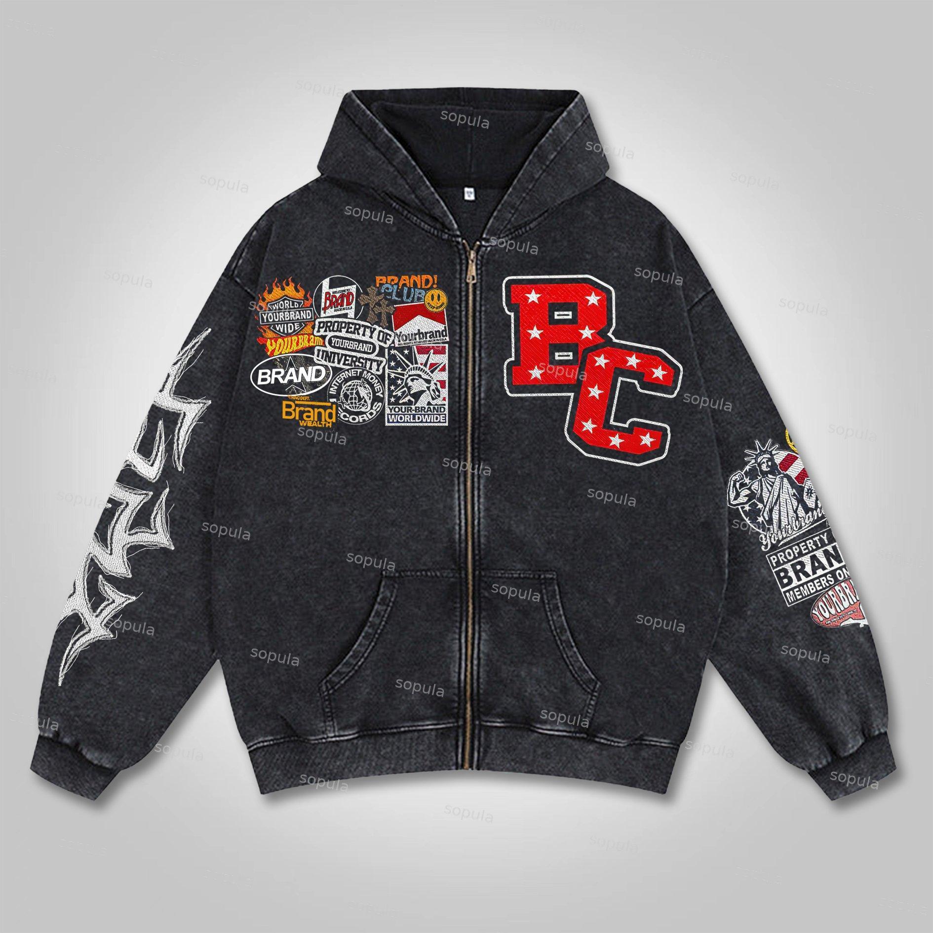 Sopula Relaxed Vintage Graphic Acid Washed Oversized Zip-Up Hoodie Product Image