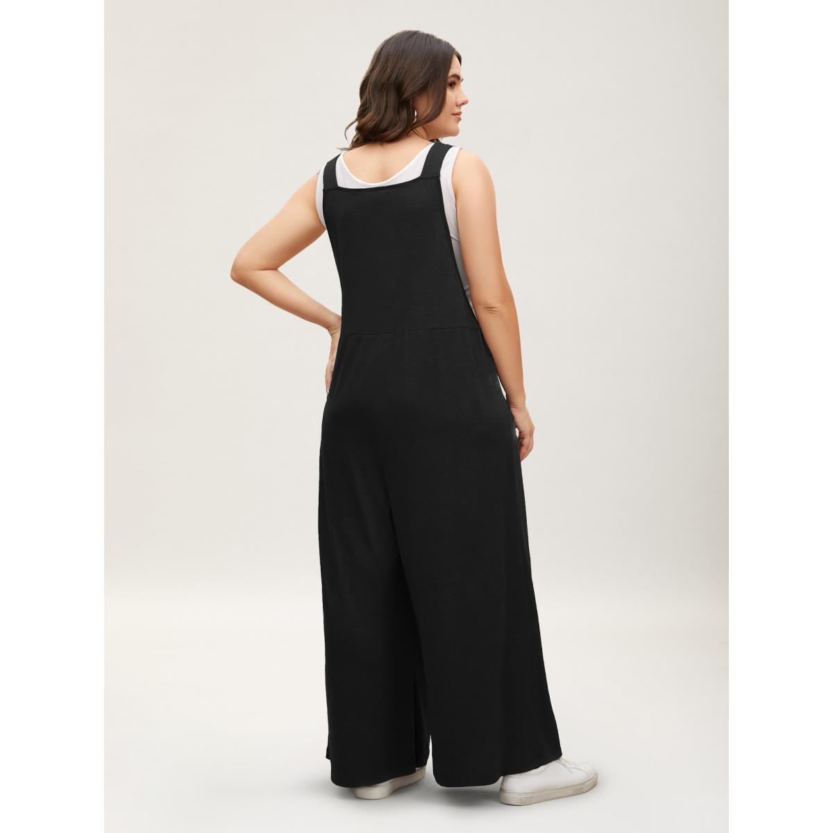 Plus Size Black Supersoft Essentials Solid Pleated Pocket Jumpsuit Women Casual Sleeveless Non Everyday Loose Jumpsuits BloomChic 12/L Product Image
