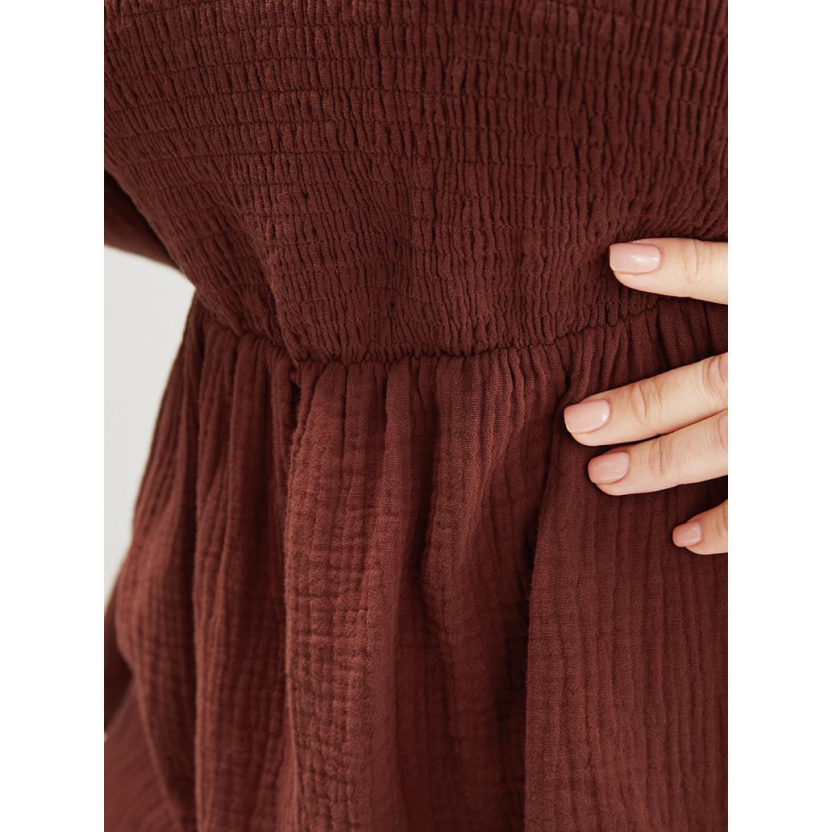 Plus Size Scarlet Solid V Neck Lantern Sleeve Shirred Ruffle Hem Blouse Women Elegant Long Sleeve V-neck Dailywear Blouses BloomChic 22-24/3X Product Image