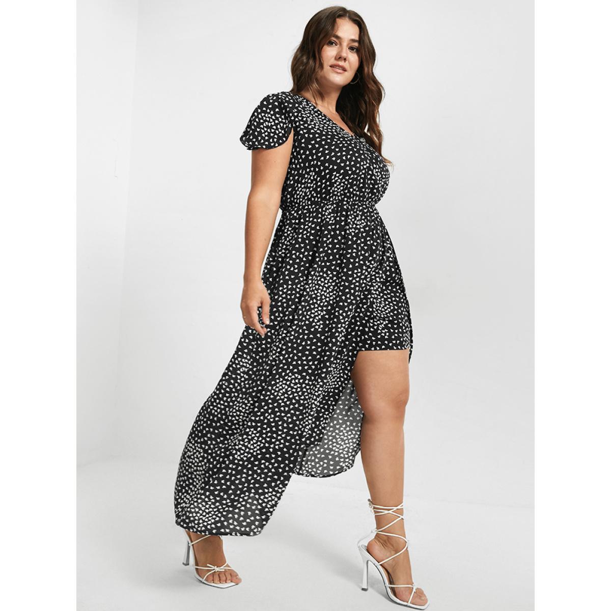 Plus Size V Neck Butterfly Pattern Split Dress Multicolor Women Elegant Gathered V-neck Cap Sleeve Curvy Midi Dress BloomChic 14/1X Product Image