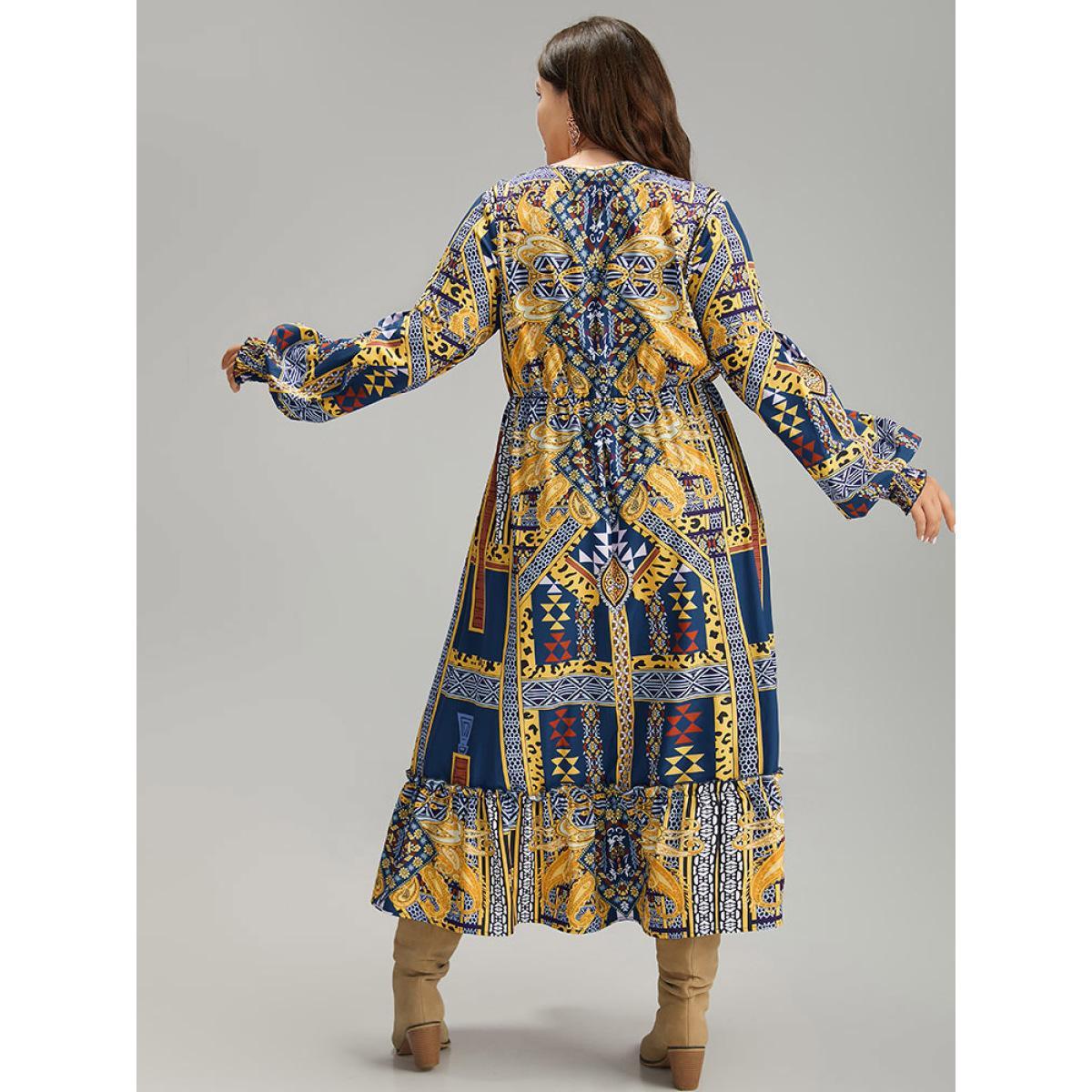 Plus Size Boho Print Shirred Pocket Ruffle Hem Dress DarkBlue Women Vacation Printed V-neck Long Sleeve Curvy Midi Dress BloomChic 26/4X Product Image