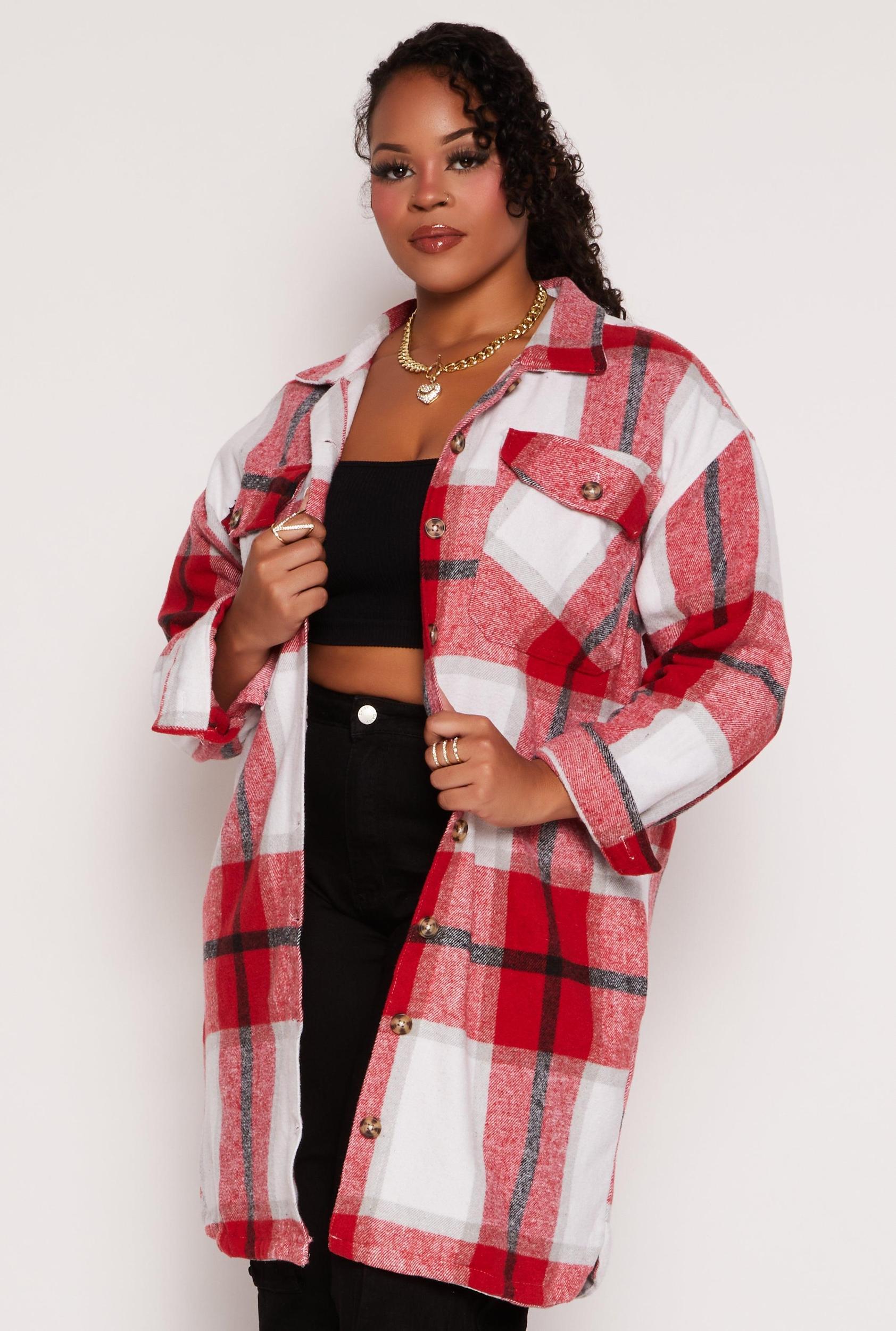 Womens Plus Size Plaid Button Front Long Sleeve Shacket Product Image