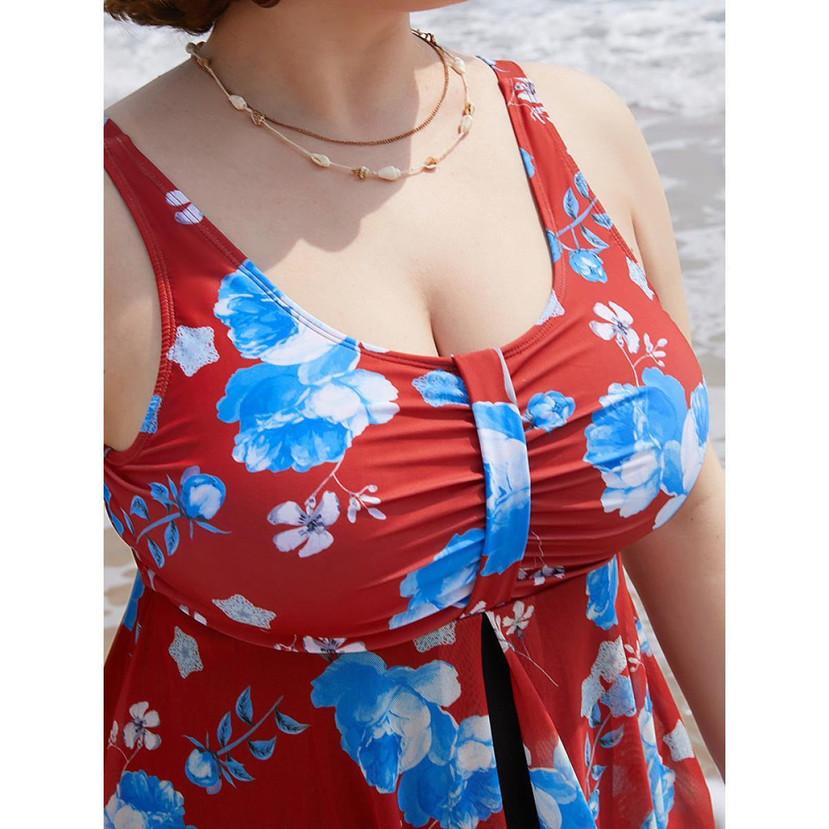 Plus Size Floral Print Split Front Ruched A Line Swim Dress Women's Swimwear Red Vacation Bodycon Round Neck High stretch Curve Swim Dresses BloomChic 22-24/3X Product Image