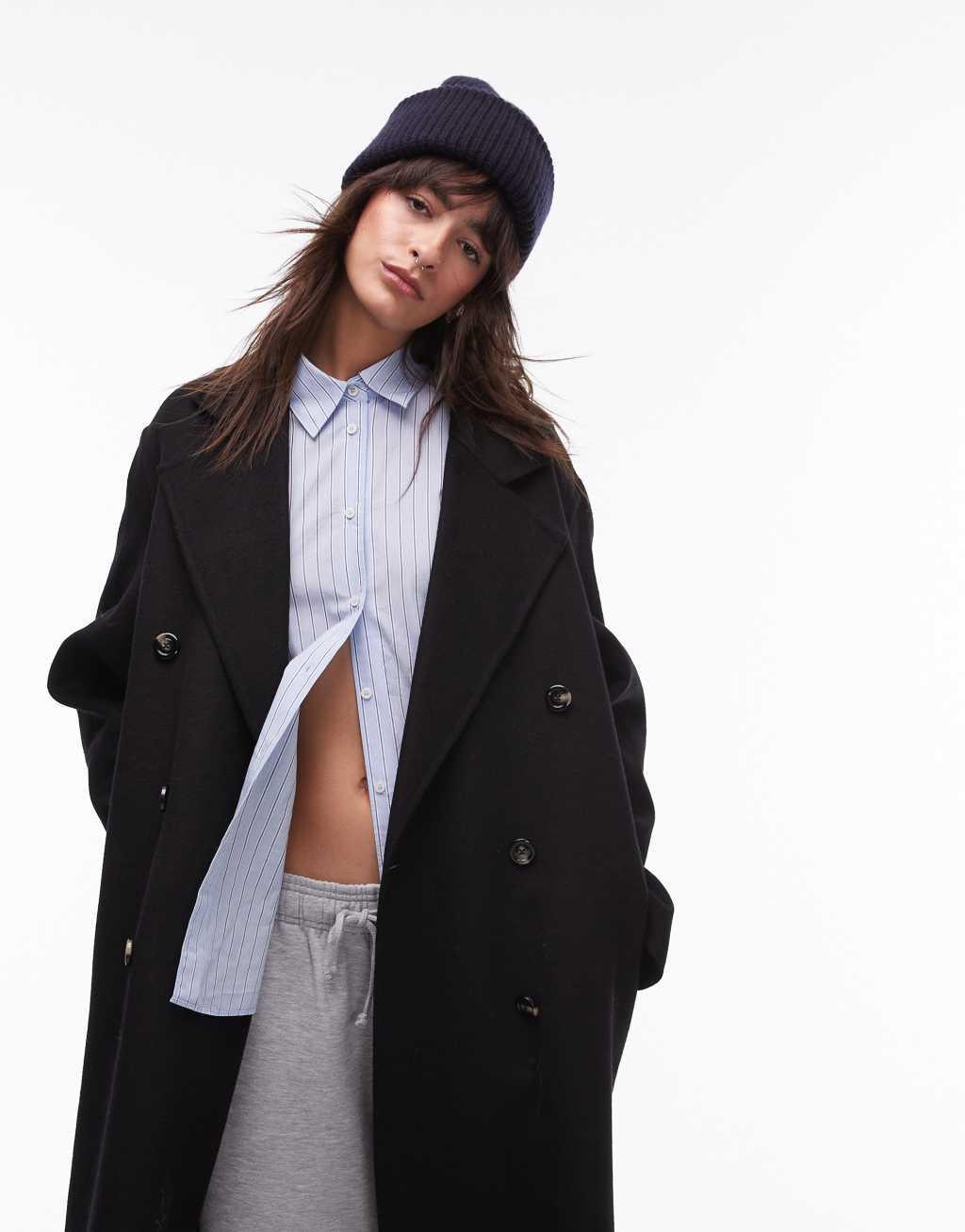 Mango double breasted maxi coat in black Product Image