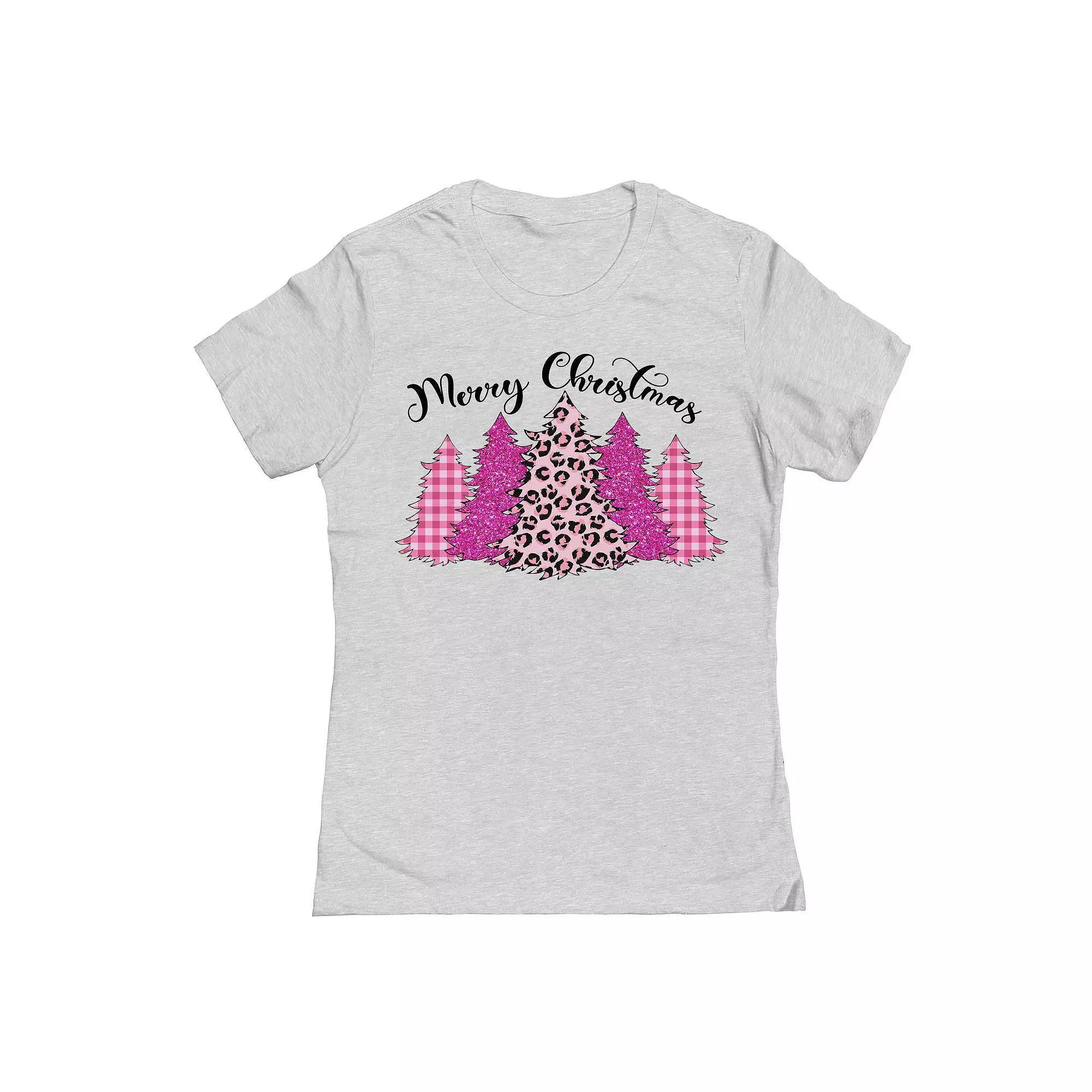 Juniors Merry Christmas Pink Trees Graphic Tee, Womens Grey Gray Product Image