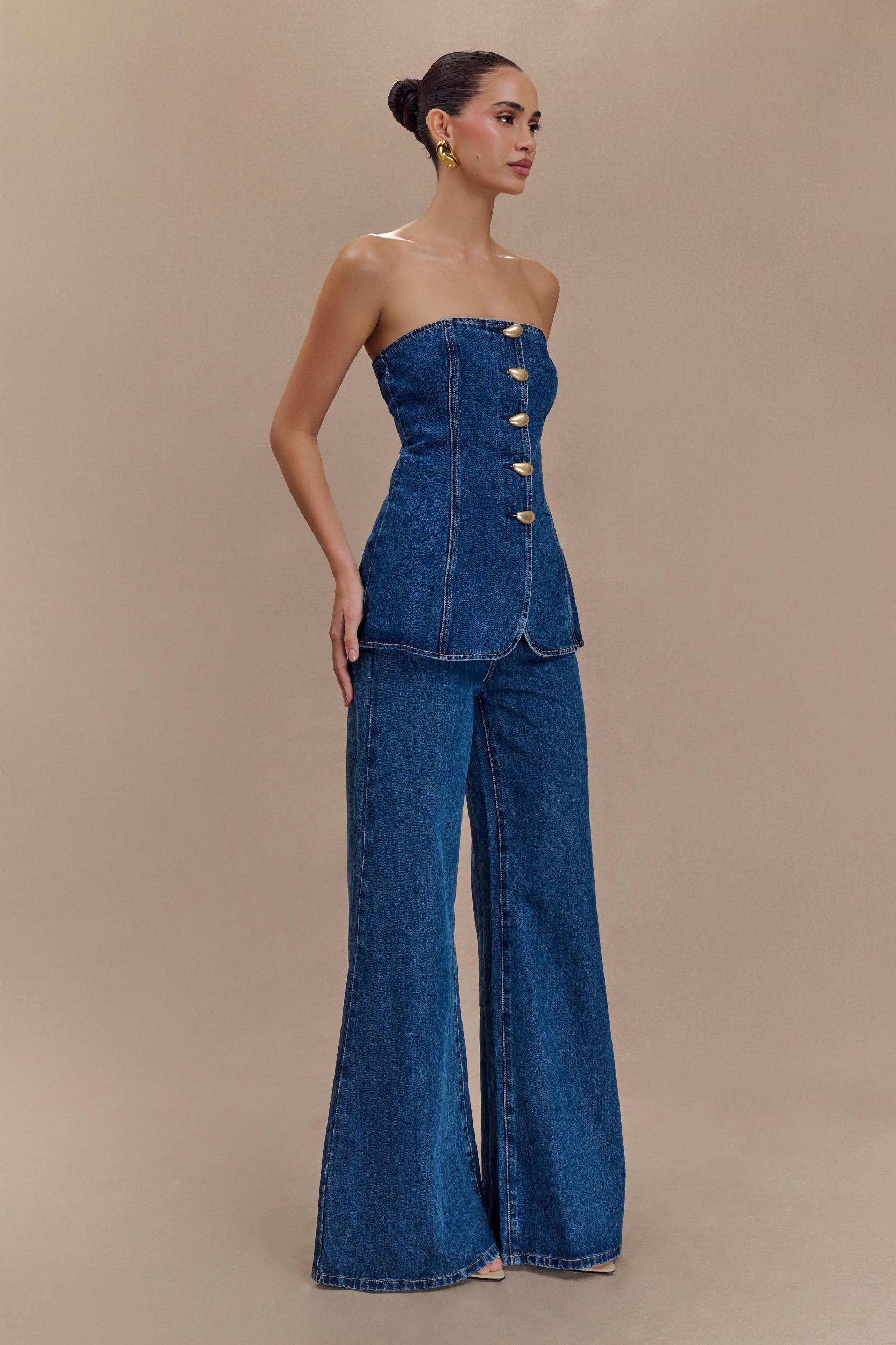 Lennox Strapless Long Line Button Top - Dark Blue Product Image