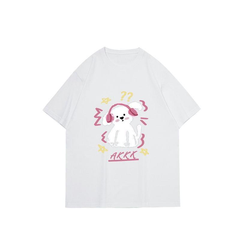 Short Sleeve Dog & Lettering Print Loose-Fit Tee Product Image