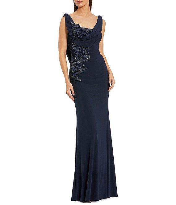 Mac Duggal Drape Neckk 3D Floral Applique Jersey Column Gown Product Image