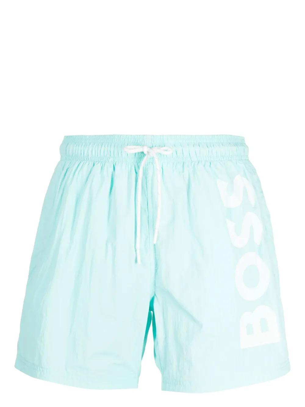 HUGO BOSS Quick-drying Swim Shorts With Large Contrast Logo In Light Blue Product Image