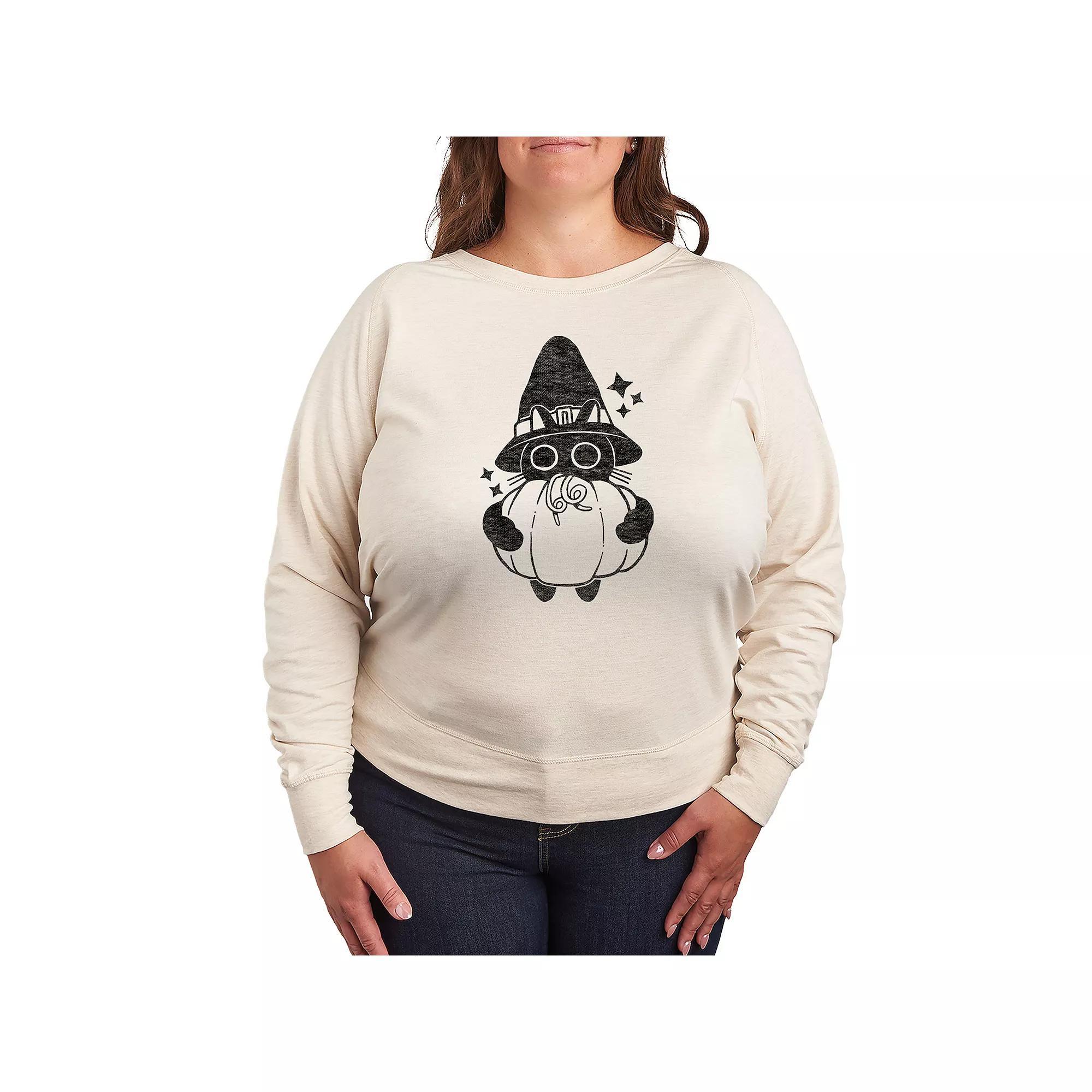 Plus Size Witch Cat With Pumpkin French Terry Long Sleeve Tee, Womens Grey Green Product Image