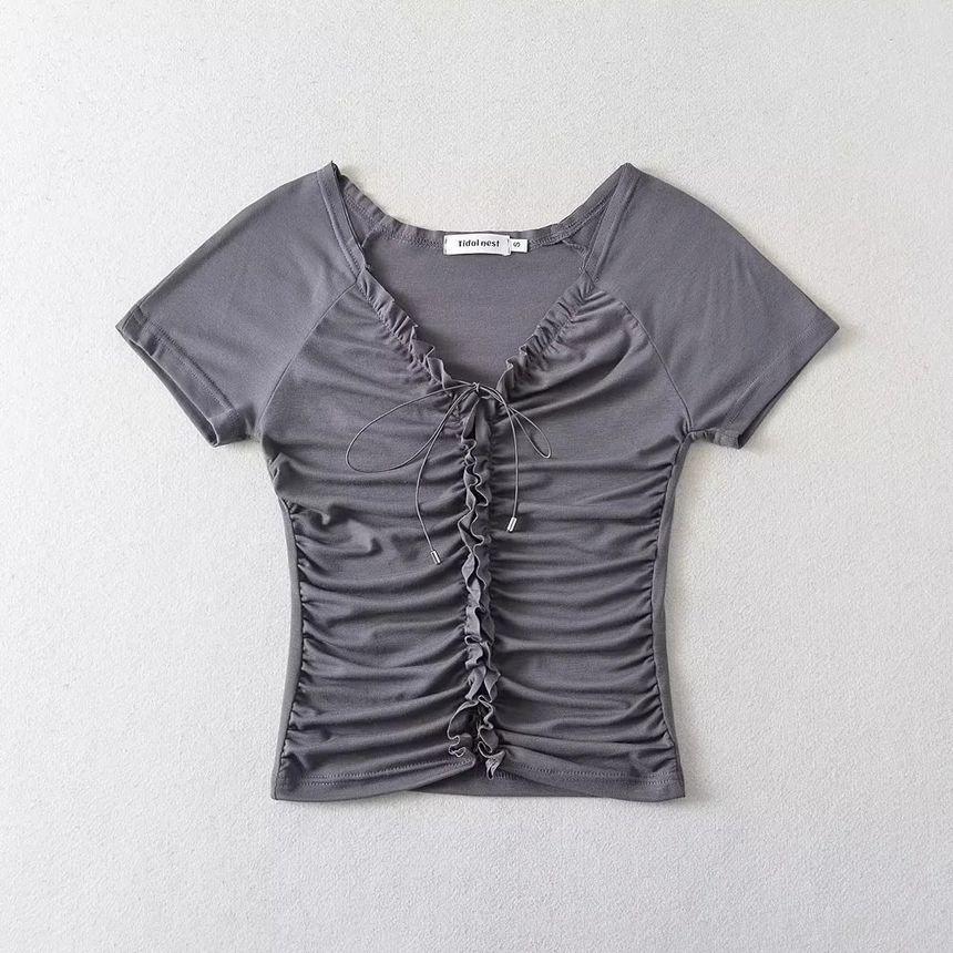 Short Sleeve V-Neck Plain Ruffled-Trim Lace Up Slim-Fit Crop Top Product Image