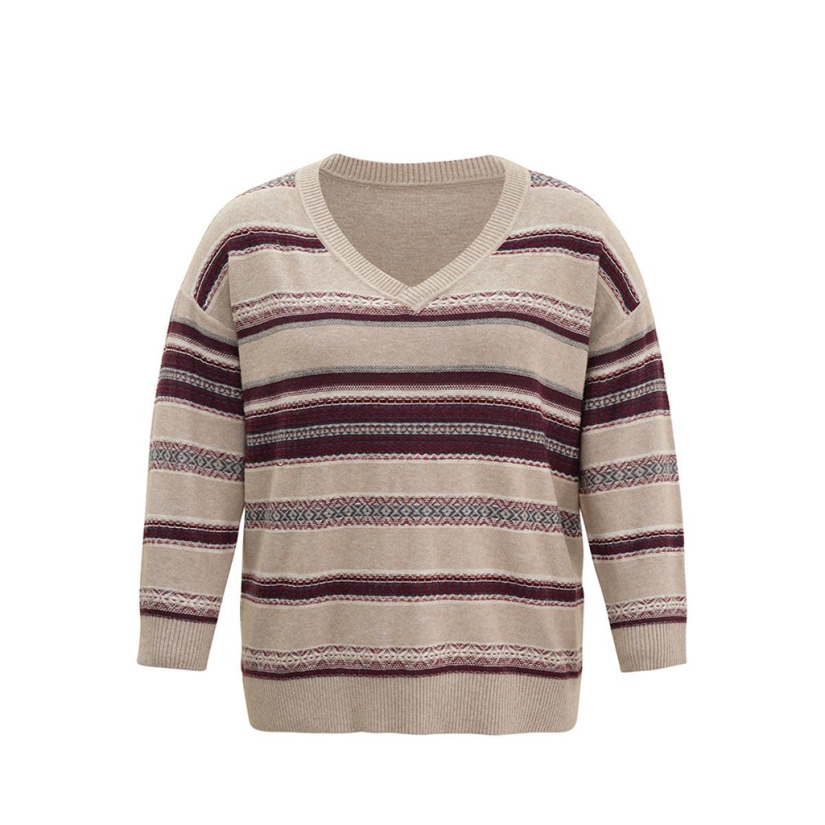 Plus Size Supersoft Essentials Striped Print Drop Shoulder Pullover LightBrown Women Casual Loose Long Sleeve Deep V-neck Everyday Pullovers BloomChic 26/4X Product Image