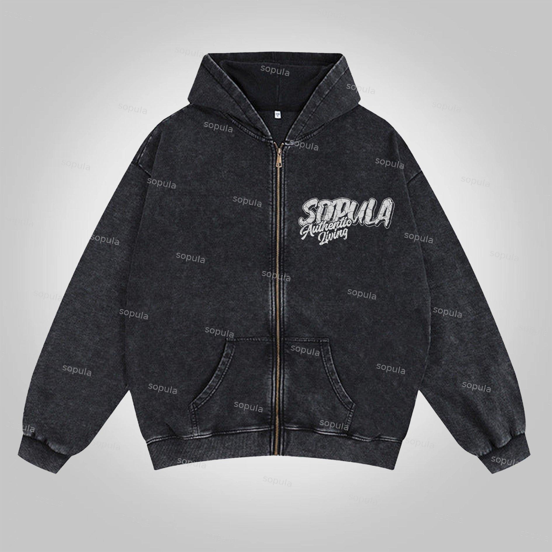 Sopula Faith Over Fear Print Acid Washed Zip-Up Hoodie Product Image