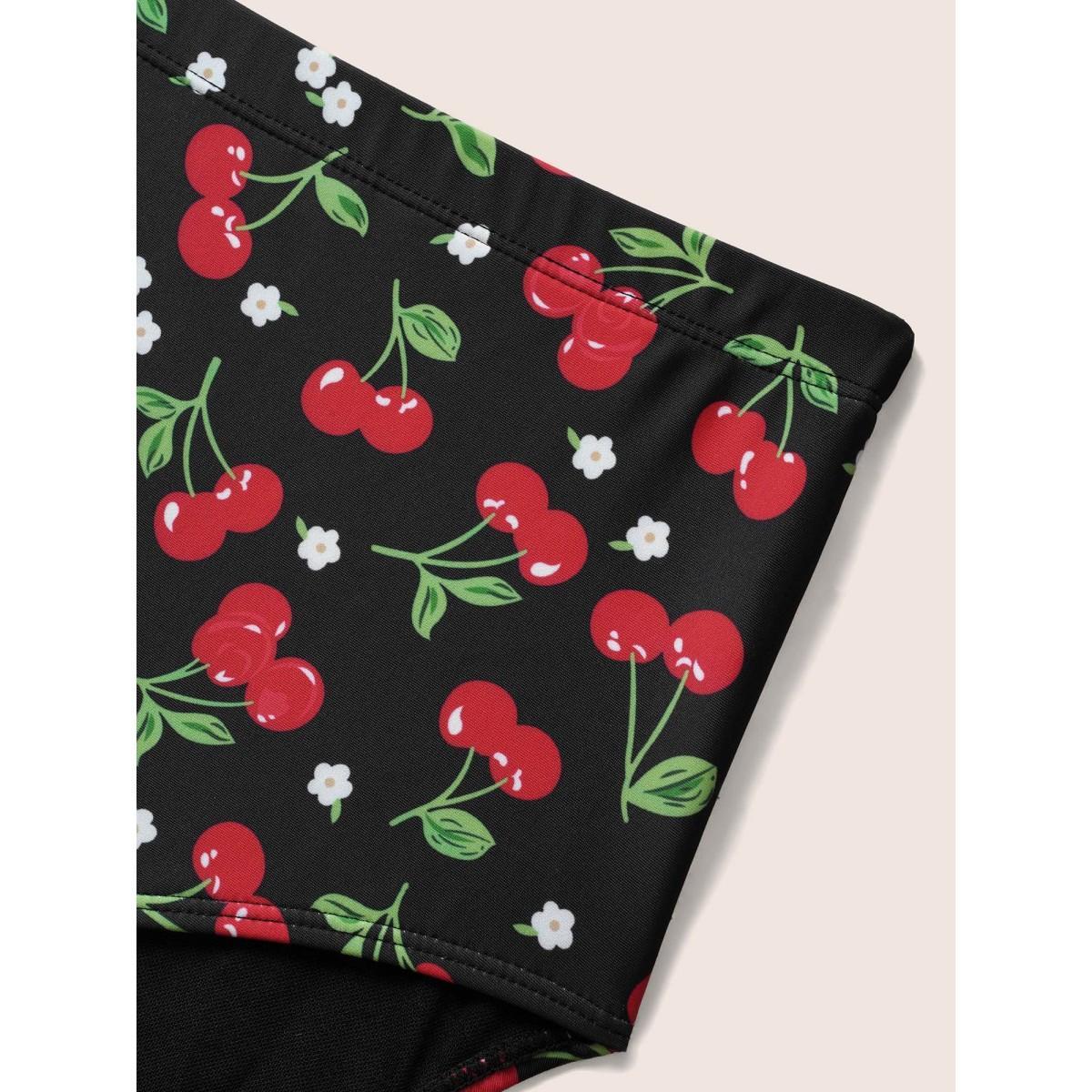 Plus Size Cherry Print Wrap Tie Knot Swim Dress Women's Swimwear Black Beach Bodycon Overlap Collar High stretch Curve Swim Dresses BloomChic 28/5X Product Image