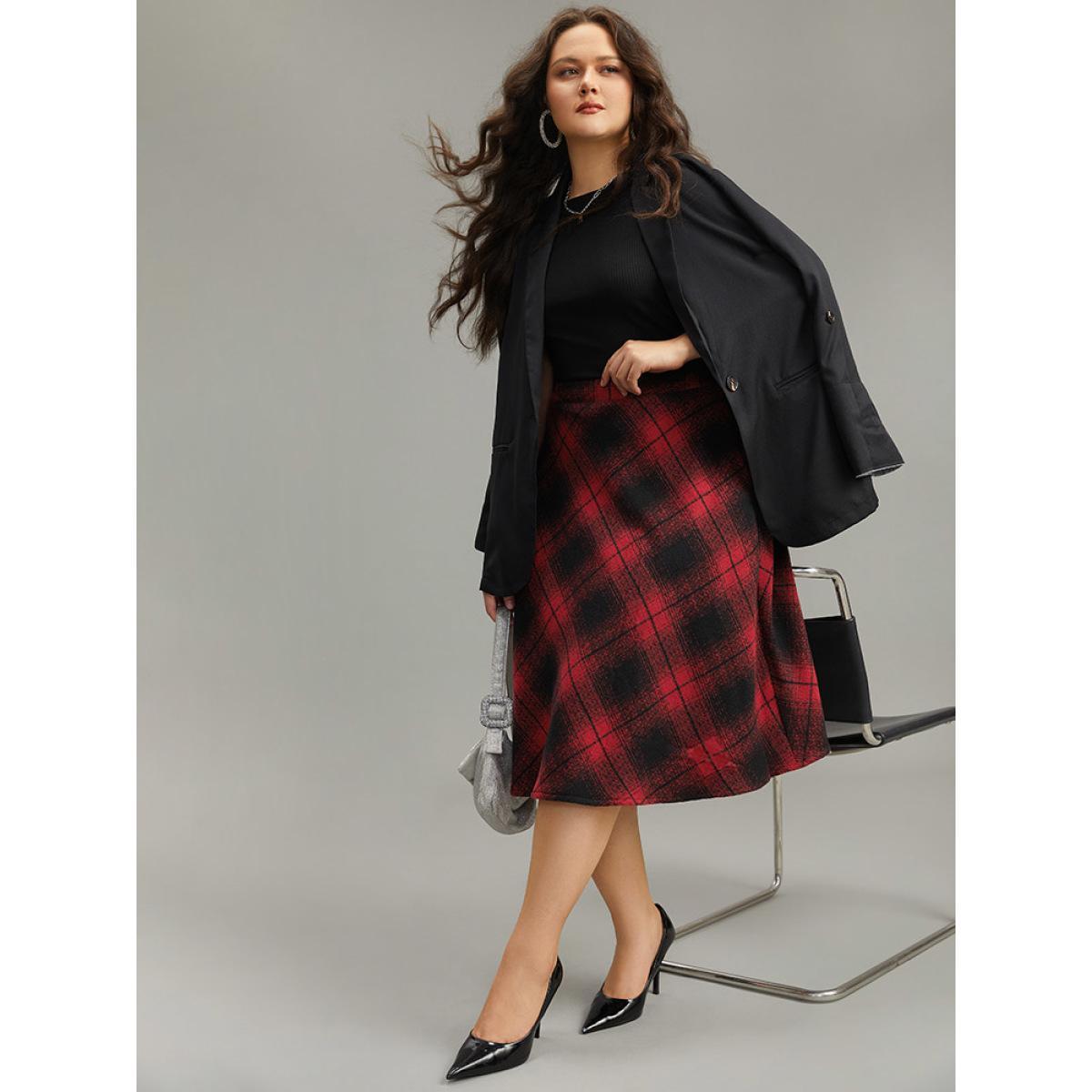 Plus Size Plaid Pocket Elastic Waist Skirt Women Red Casual A-line No stretch Pocket Everyday Skirts BloomChic 14-16/1X Product Image