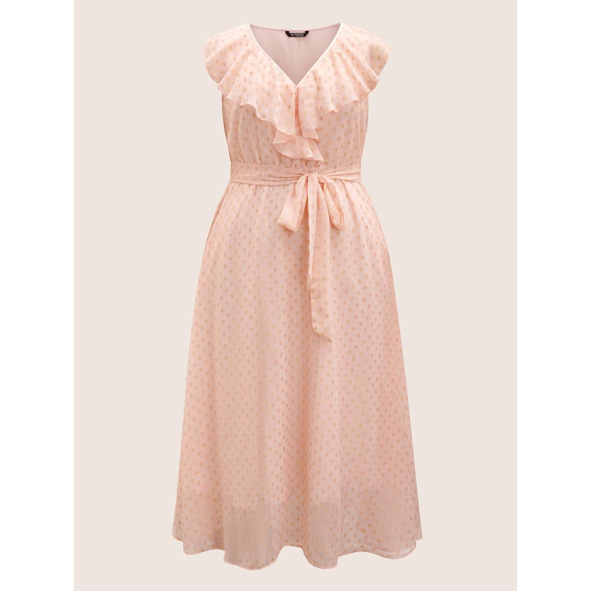 Plus Size Polka Dot Ruffles Belted Sleeveless Dress MistyRose Women Formal Belted V-neck Sleeveless Curvy BloomChic 28/5X Product Image
