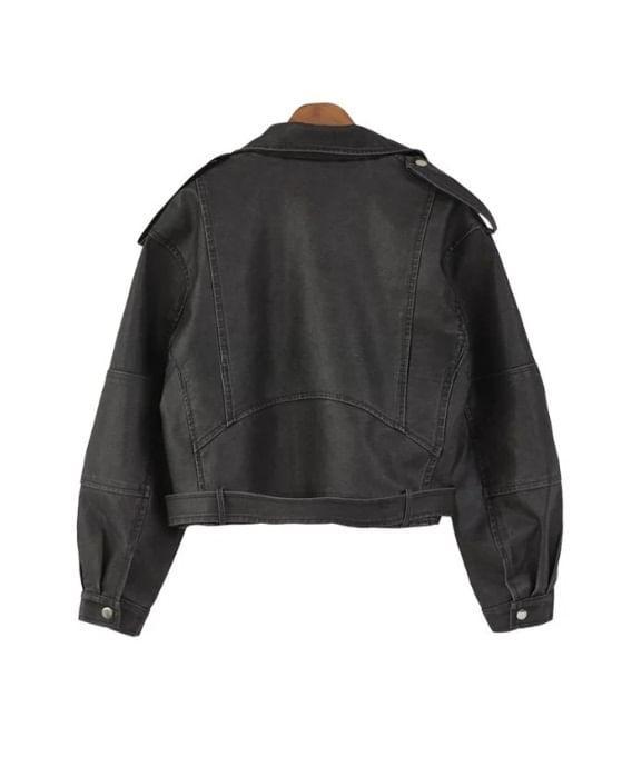 Long Sleeve Plain Faux Leather Zip-Up Jacket Product Image