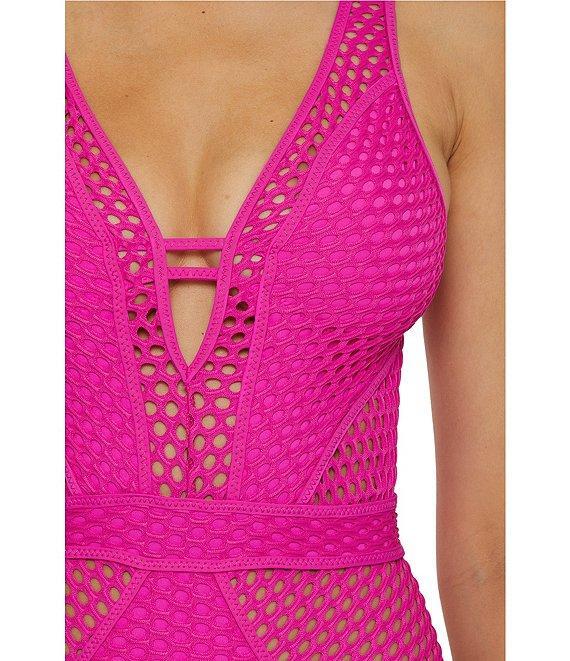 Becca By Rebecca Virtue Castaway Fishnet Texture Plunge Neck One Piece Swimsuit Product Image