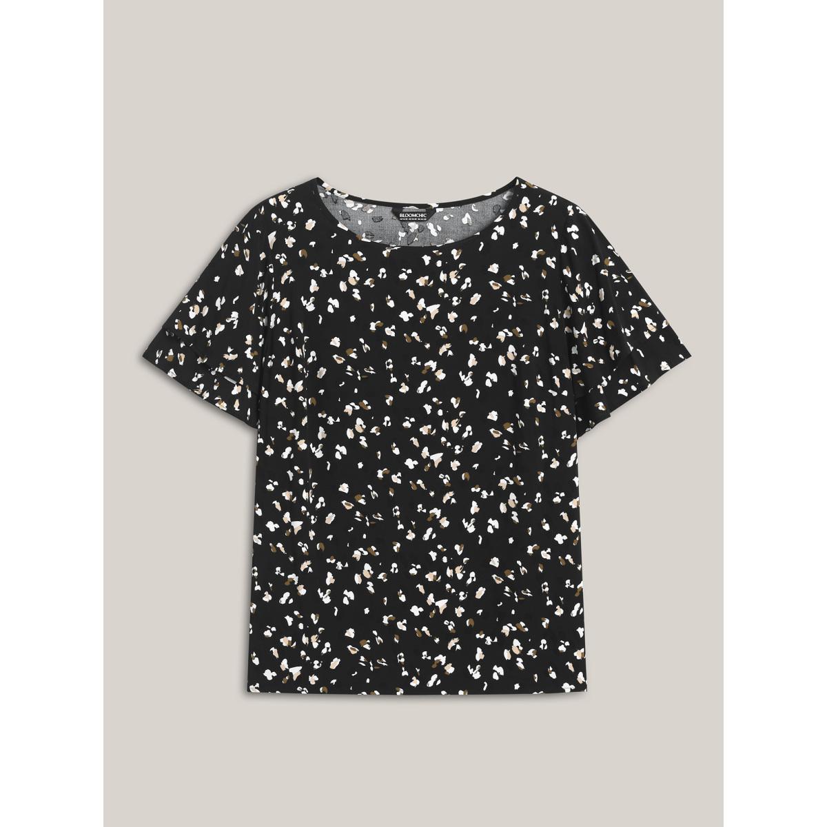Plus Size Black Leopard Dot Print Layered Sleeve Blouse Women Short sleeve Round Neck Work Blouses BloomChic 18-20/2X Product Image