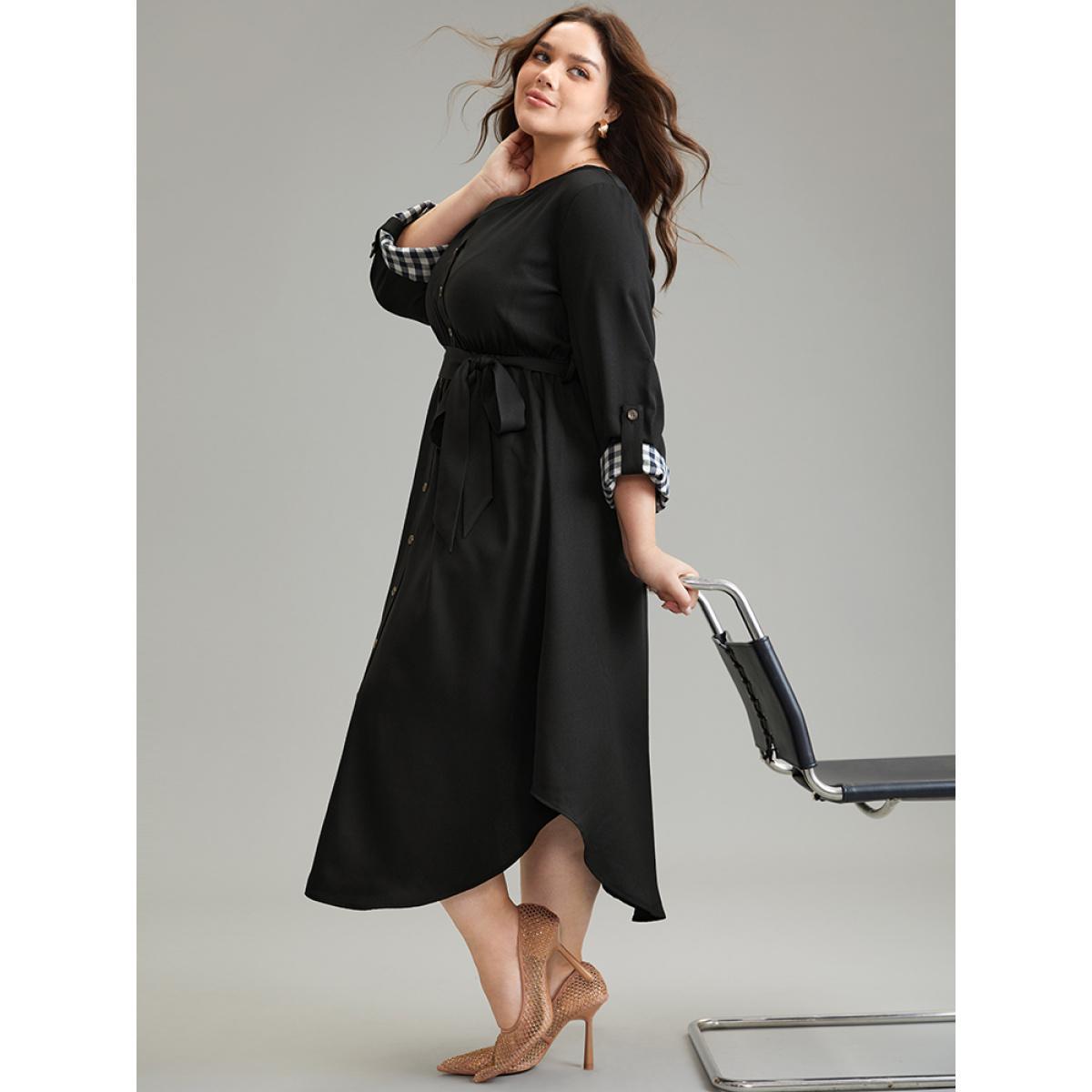 Plus Size Gingham Notched Belted Curved Hem Tab Sleeve Dress Black Women Office Plain Notched collar Long Sleeve Curvy Midi Dress BloomChic 30/6X Product Image