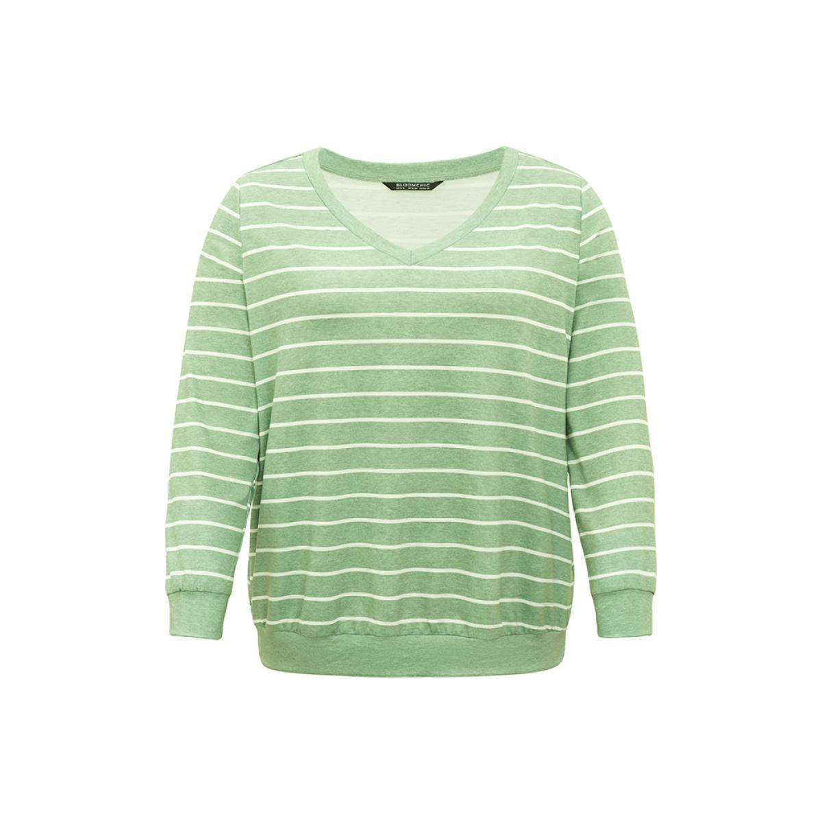 Plus Size Striped Print V Neck Sweatshirt Women Green Casual V-neck Dailywear Sweatshirts BloomChic 28/5X Product Image