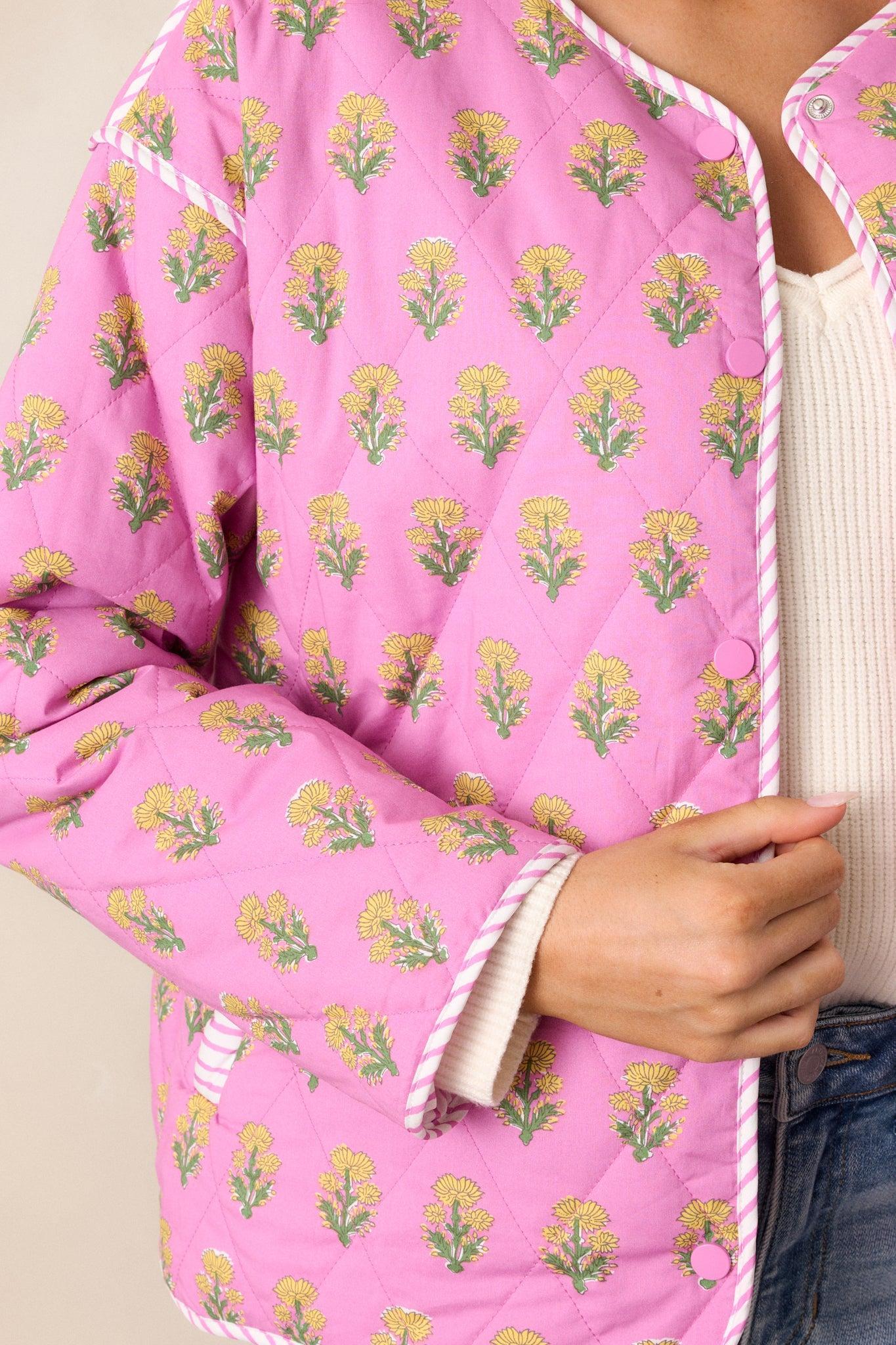 Peaceful Retreat Cotton Pink Floral Quilted Jacket Product Image