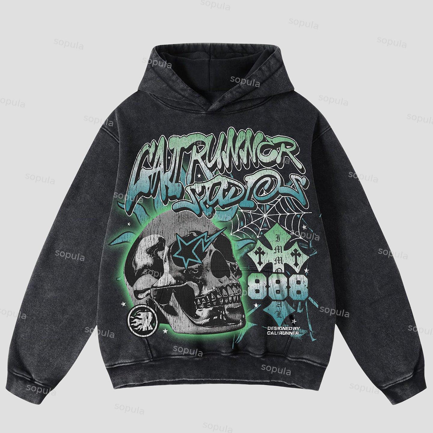 Vintage Flame Abstract Skull Graphic Acid Wash Oversized Hoodie Product Image
