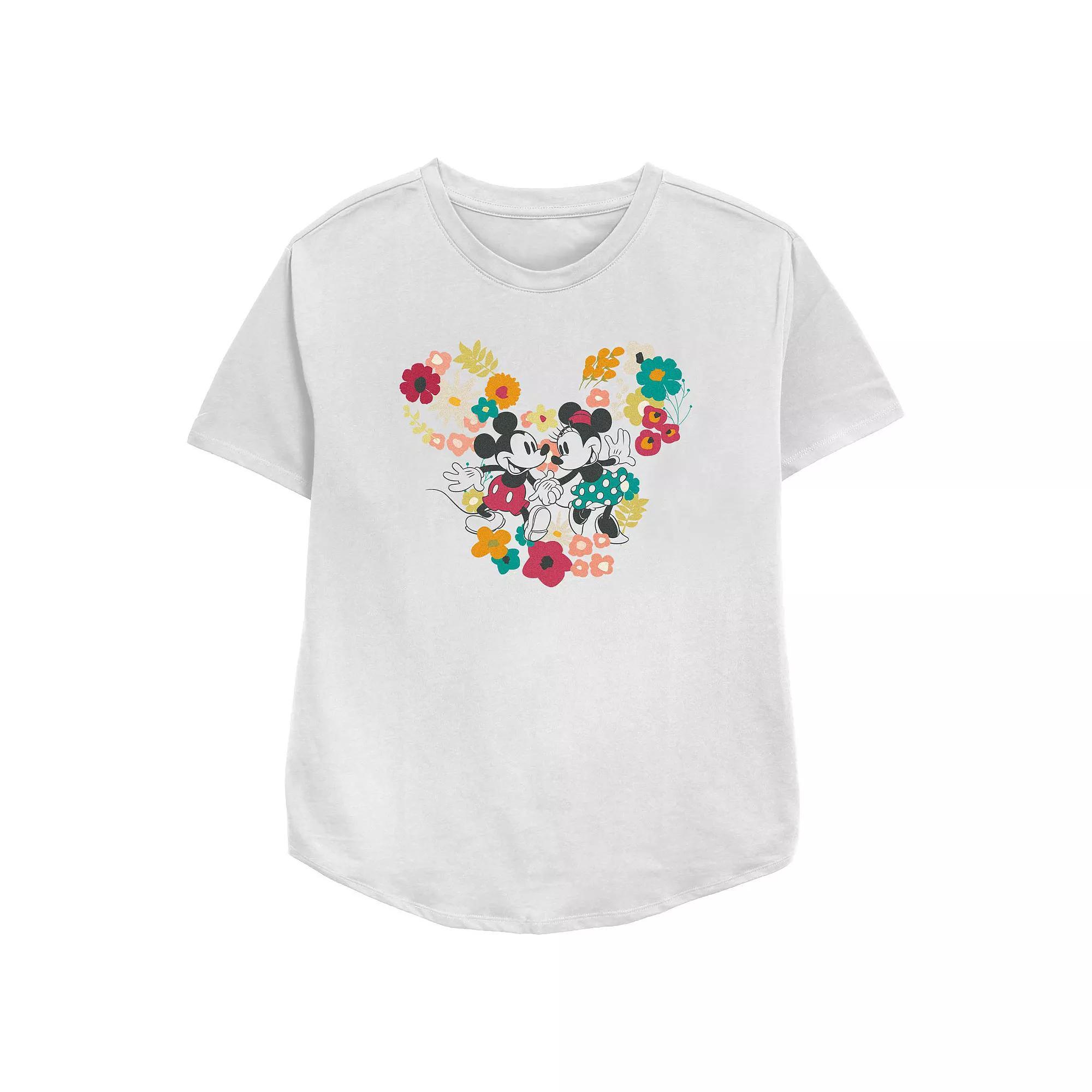 Disney's Mickey Mouse With Minnie Mouse Floral Pair Women's Relaxed Fit Graphic Tee, Size: Small, White Product Image