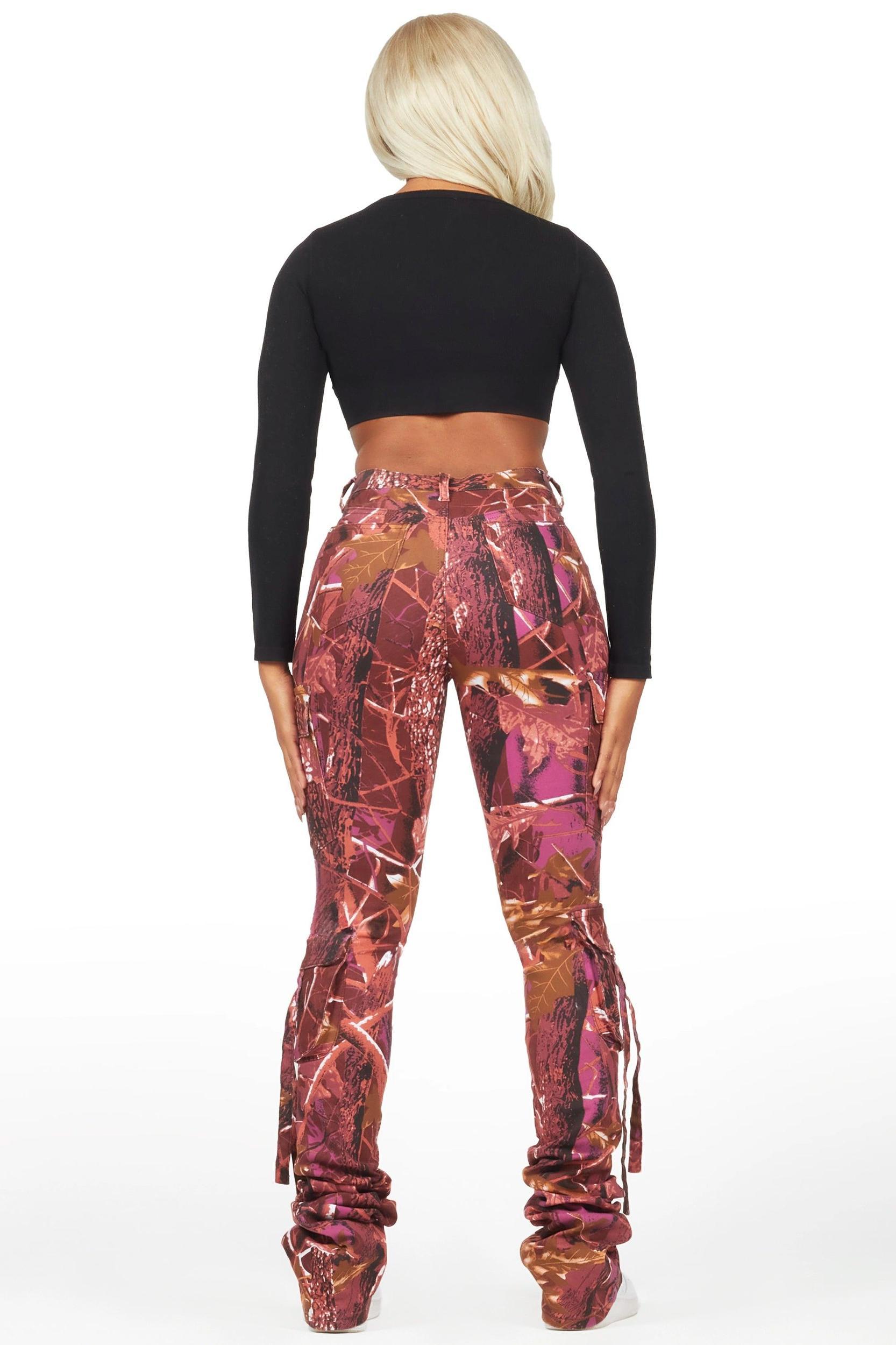 Rakesha Burgundy Tree Camo Cargo Super Stacked Jean Female Product Image