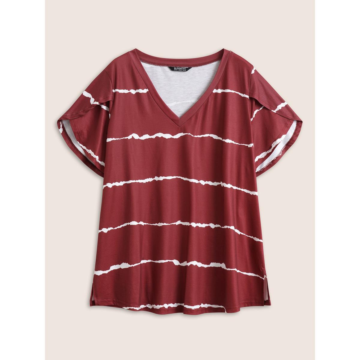 Plus Size Striped Contrast Petal Sleeve T-shirt Scarlet Women Elegant Striped Everyday T-shirts BloomChic 12/L Product Image