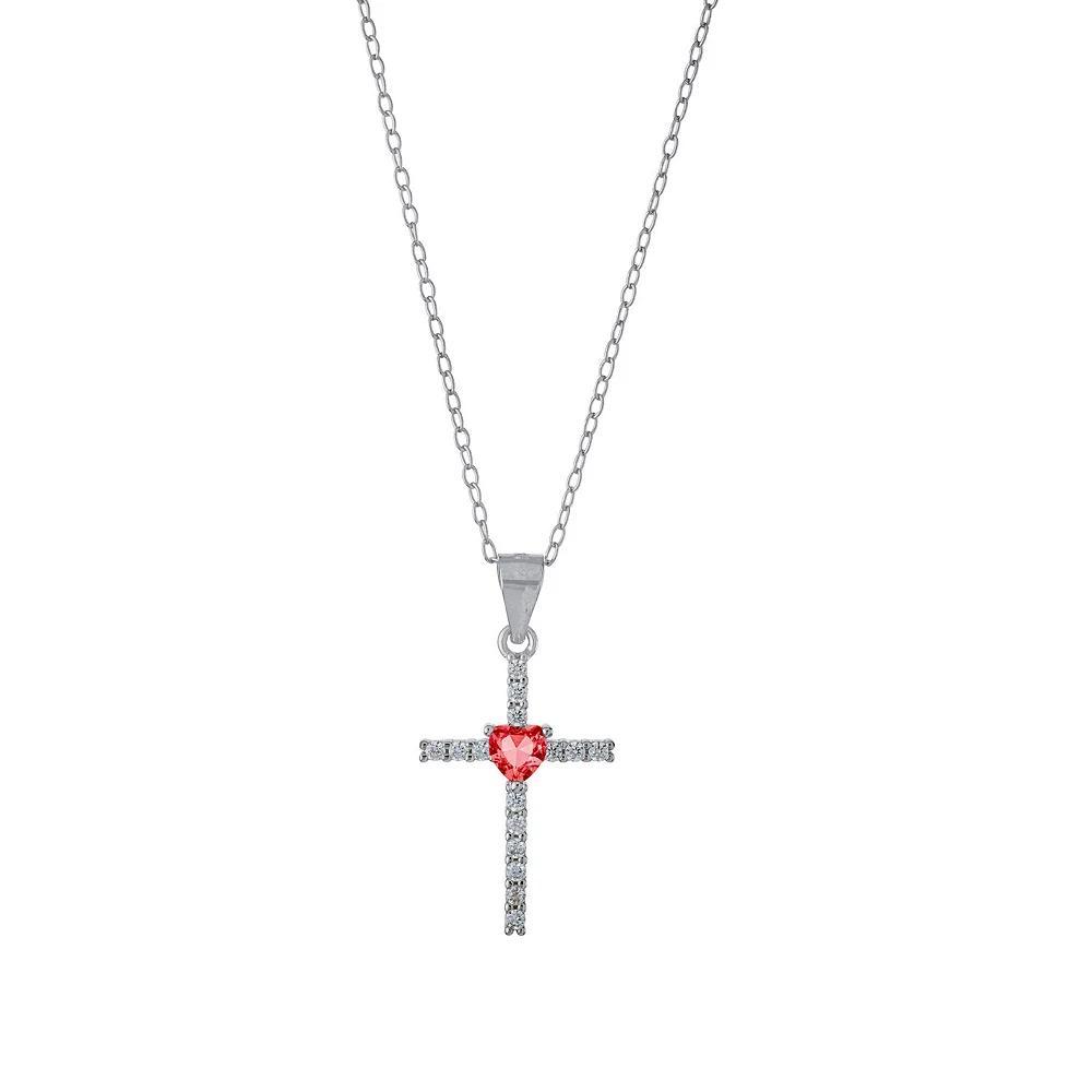 Main and Sterling Sterling Silver Cubic Zirconia Cross & Colored Glass Heart Necklace, Women's, Size: 18", Sterling Red Product Image