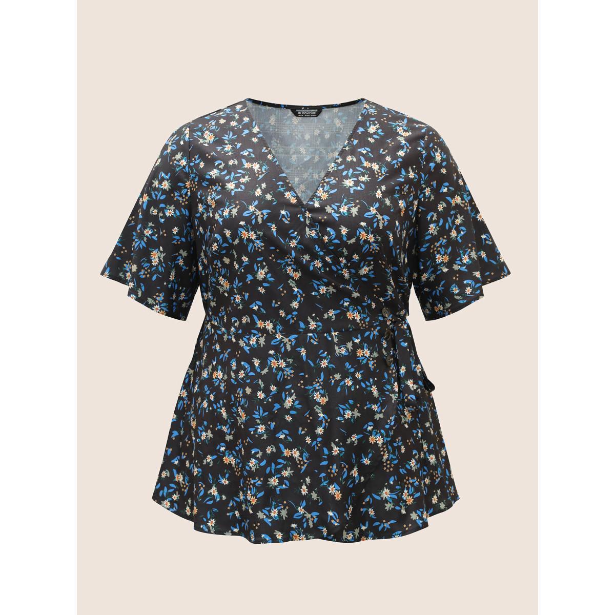Plus Size Black Ditsy Floral Ties Wrap Bell Sleeve Blouse Women Elegant Short sleeve V-neck Everyday Blouses BloomChic 28/5X Product Image