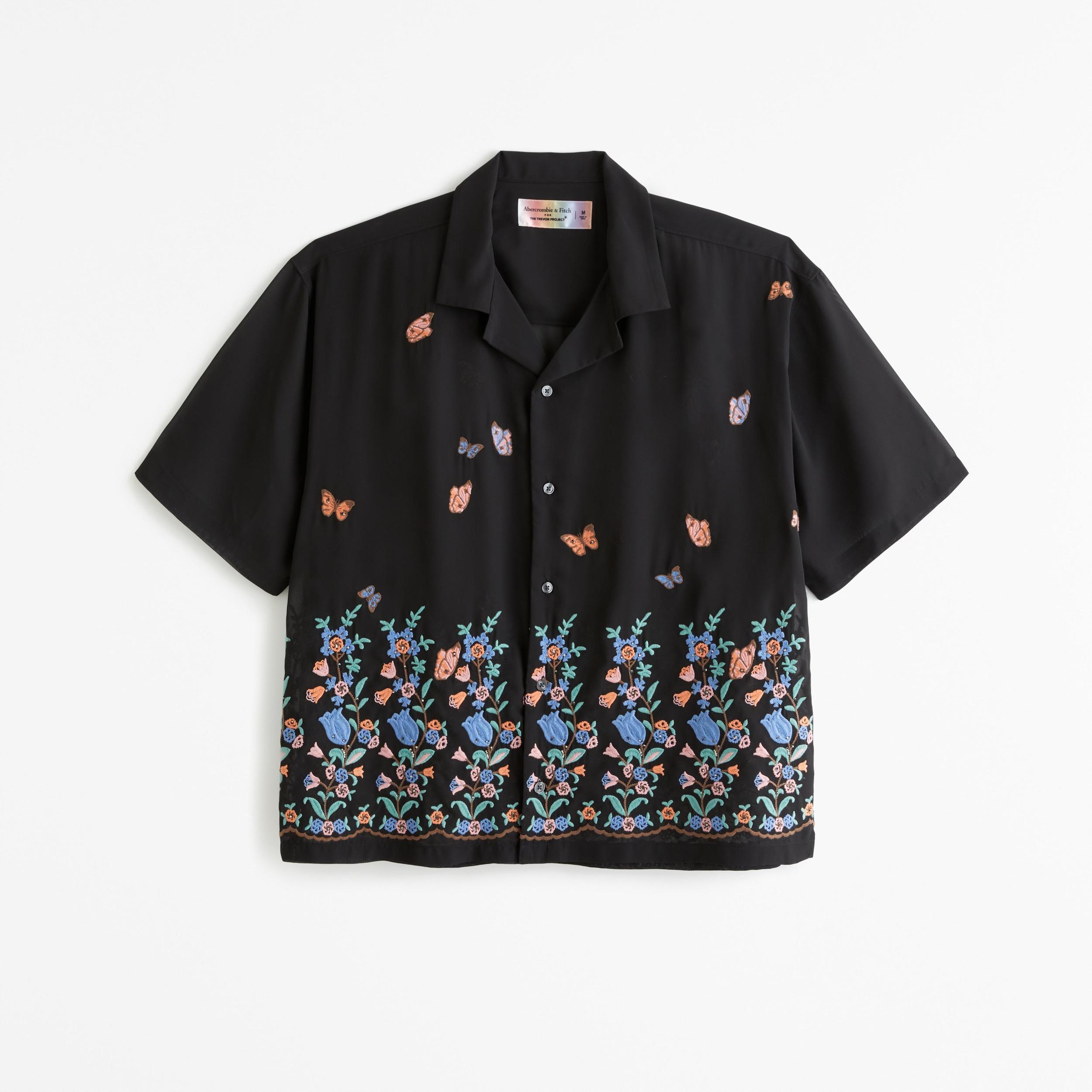 Pride Camp Collar Cropped Sheer Embroidered Shirt Product Image